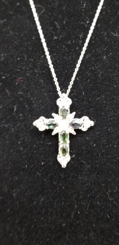14 Karat White Gold Green Tourmaline and Diamond Cross