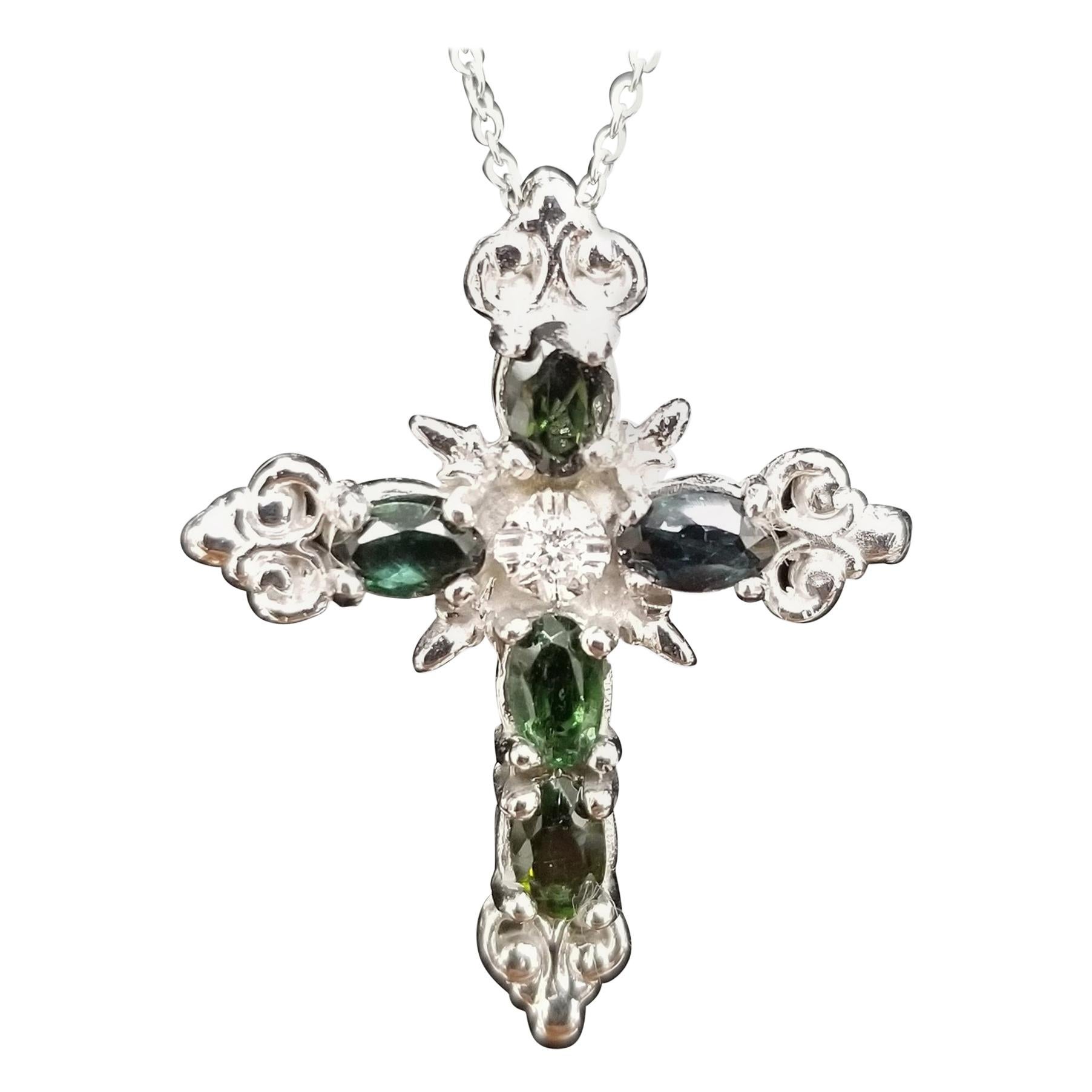 14 Karat White Gold Green Tourmaline and Diamond Cross For Sale