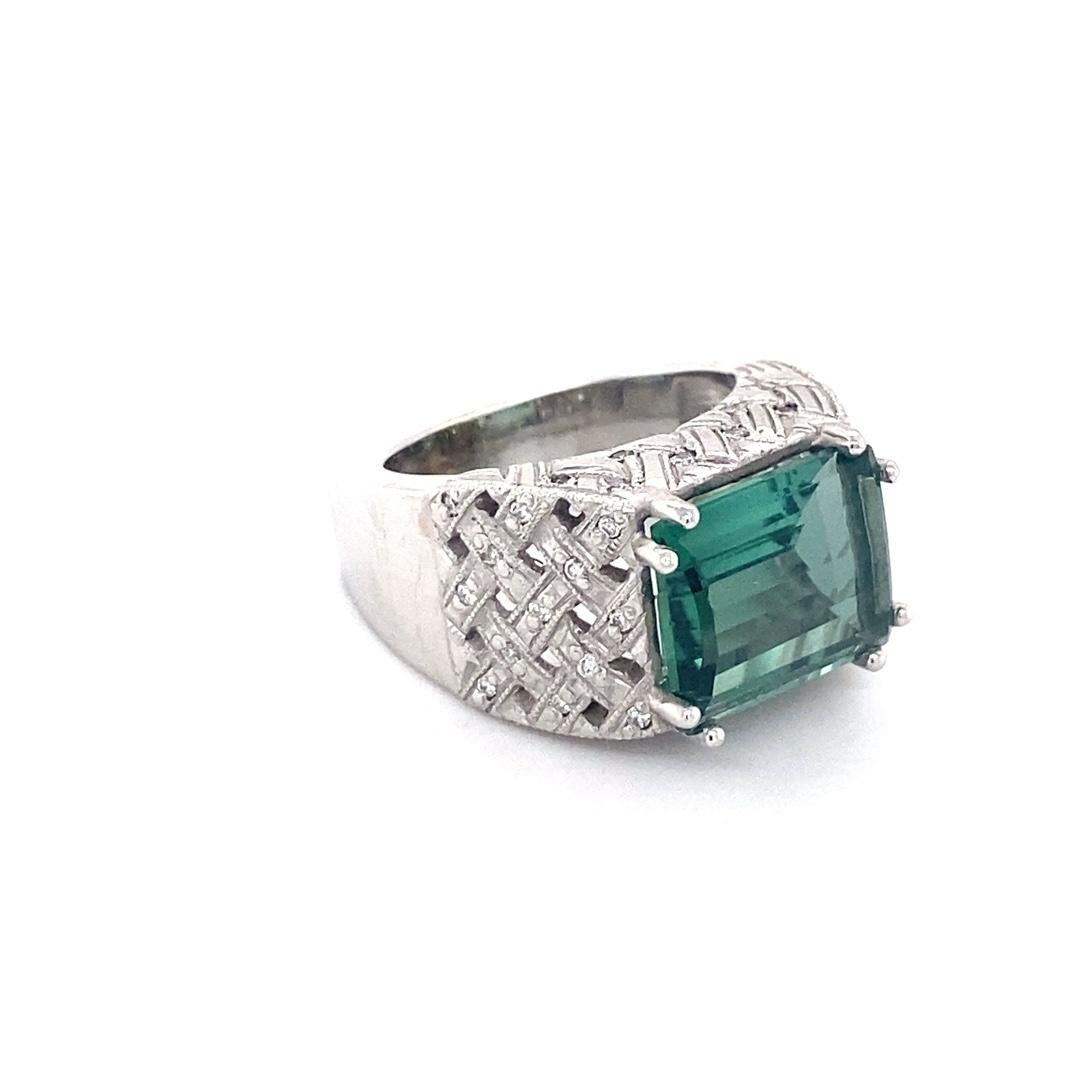 Emerald Cut 14 Karat White Gold Green Tourmaline And Diamond Ring  For Sale
