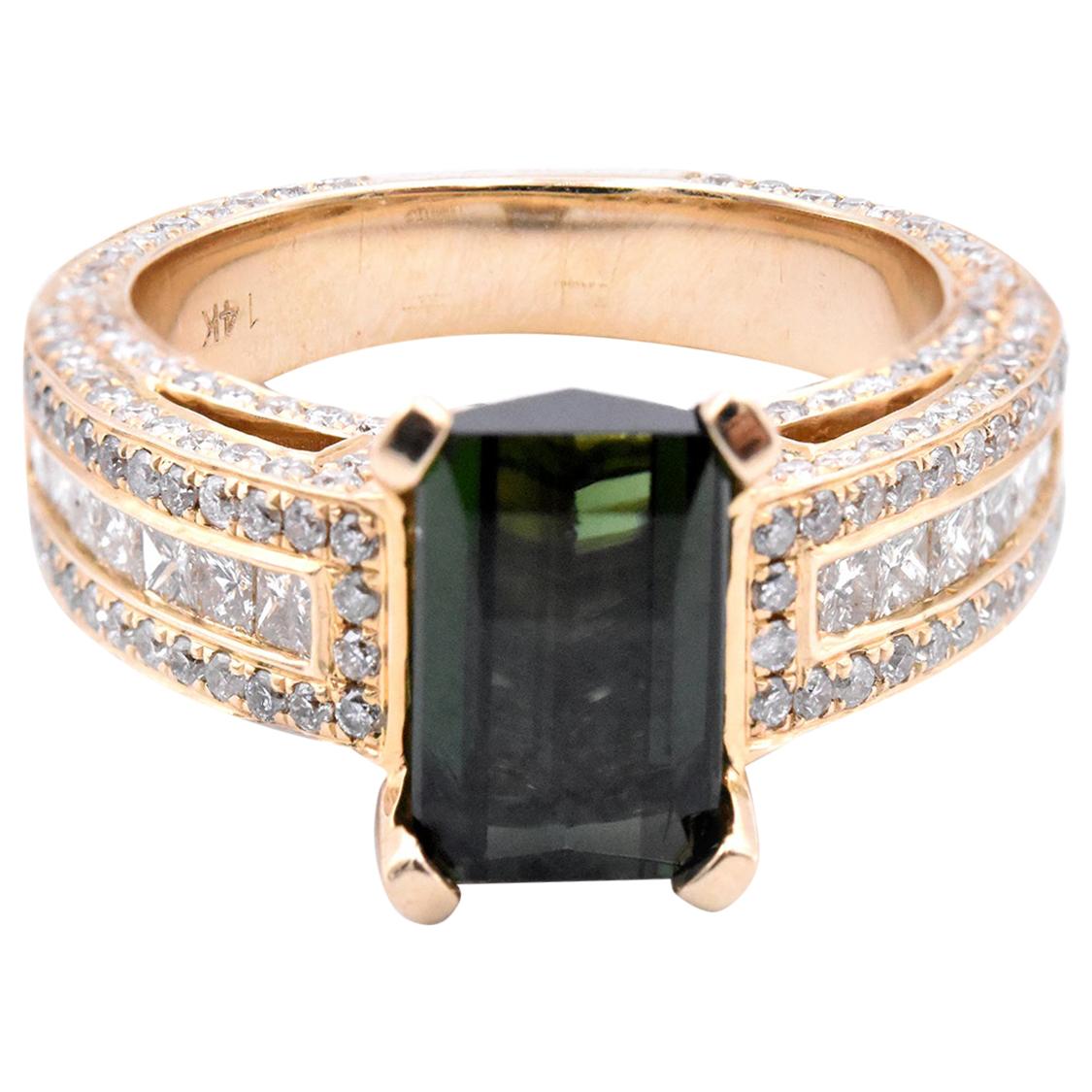 14 Karat White Gold Green Tourmaline and Diamond Ring