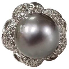 Tahitian South Seas Black Pearl Ring with Diamond Surround For Sale at ...