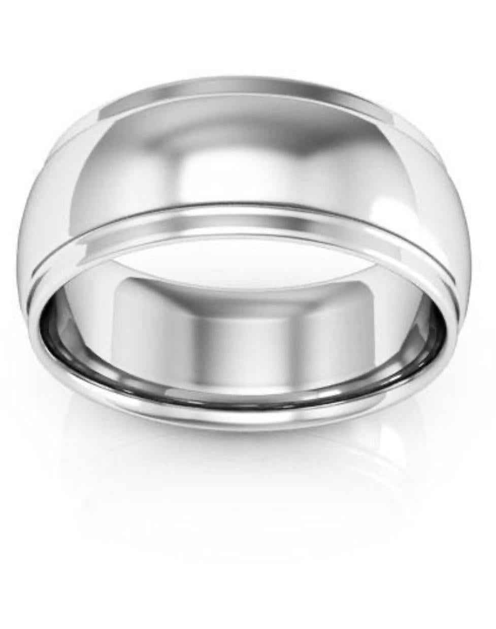 14 Karat White Gold Half Round Edge Wedding Band, 9 mm wide Estate, Size 11
This timeless style has  the slight  domed band.Quality craftsmanship makes this long lasting band a great value. 

High Polish
Unisex  wedding band
 14 karat White gold 
