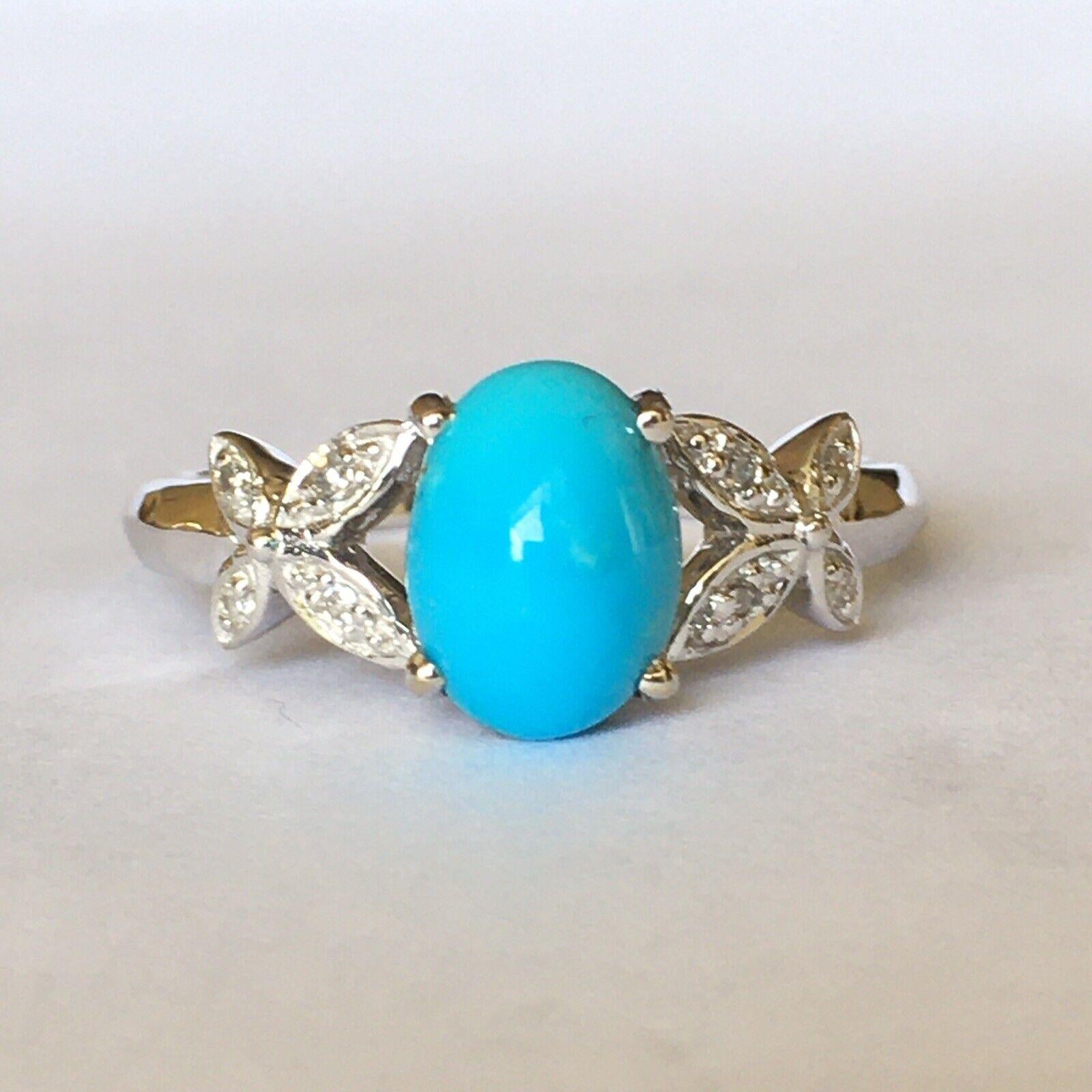 14 Karat White Gold Hallmarked Lady's Diamond Persian Turquoise Ring 1970s Size For Sale 4