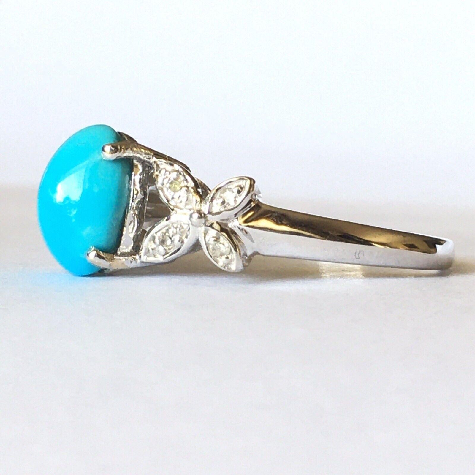Modernist 14 Karat White Gold Hallmarked Lady's Diamond Persian Turquoise Ring 1970s Size For Sale