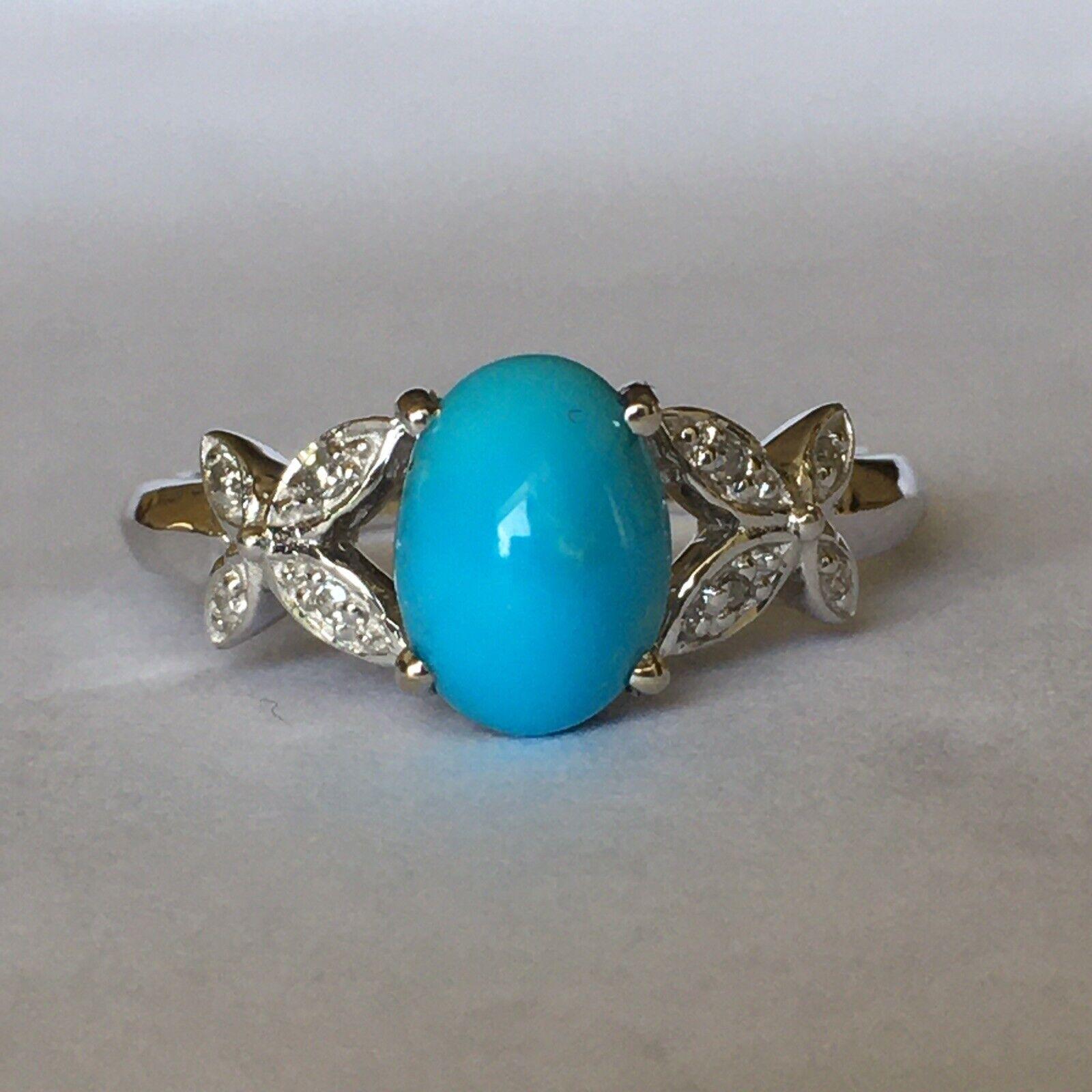 Cabochon 14 Karat White Gold Hallmarked Lady's Diamond Persian Turquoise Ring 1970s Size For Sale
