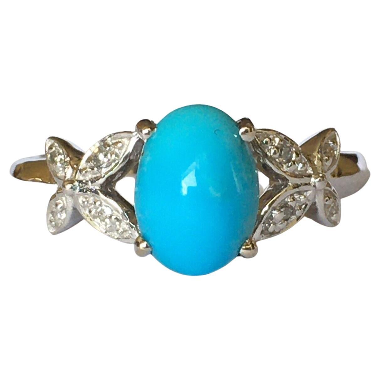 14 Karat White Gold Hallmarked Lady's Diamond Persian Turquoise Ring 1970s Size For Sale