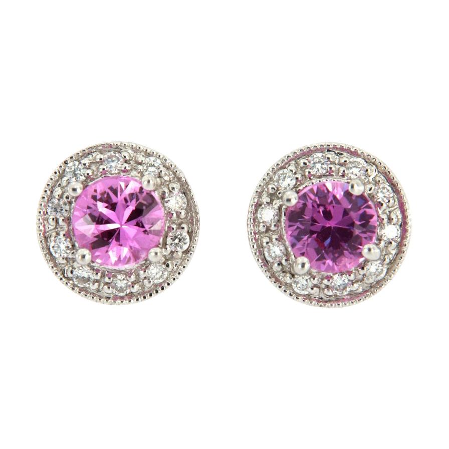 14 Karat White Gold Halo Diamond and Pink Sapphires Earrings '3/4 Carat' For Sale