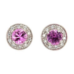 Pendientes de Oro Blanco de 14 Kilates Halo de Diamantes y Zafiros Rosas '3/4 Quilates