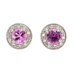 Boucles d'oreilles en or blanc 14 carats avec halo de diamants et saphirs roses de 3/4 carats