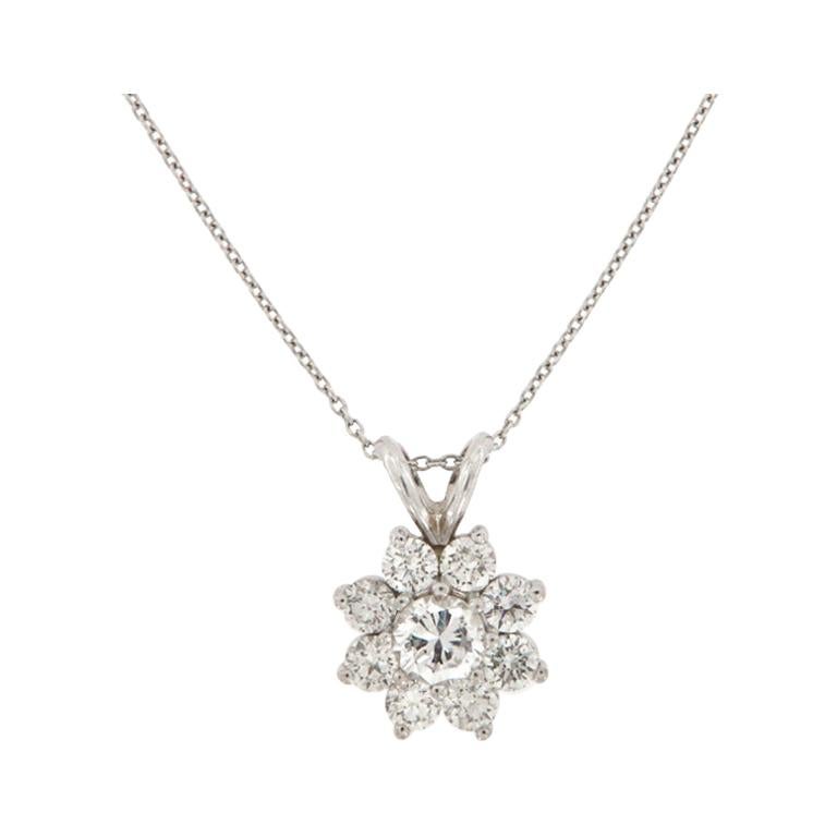 14 Karat White Gold Halo Diamond Pendant '3/4 Carat' For Sale