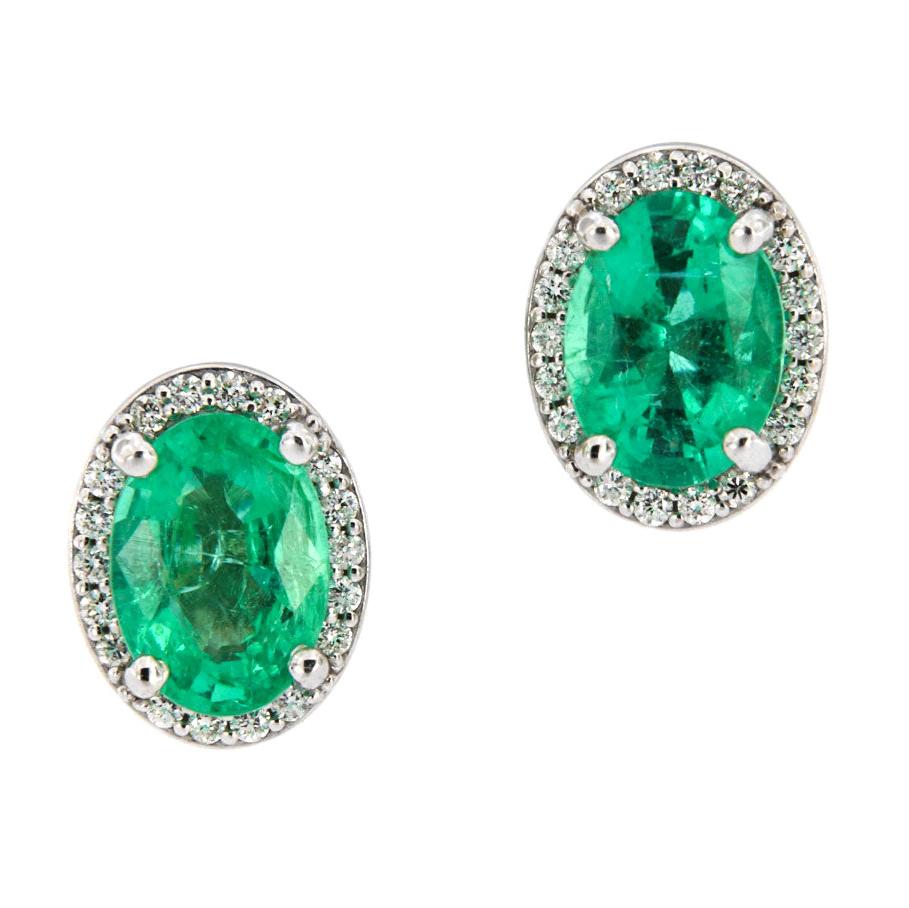14 Karat White Gold Halo Diamonds and Emeralds Earrings '1 1/2 Carat' For Sale