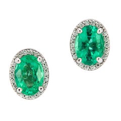 14 Karat White Gold Halo Diamonds and Emeralds Earrings '1 1/2 Carat'