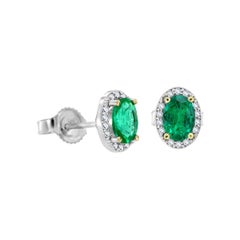 14 Karat White Gold Halo Diamonds and Emeralds Earrings '4/5 Carat'