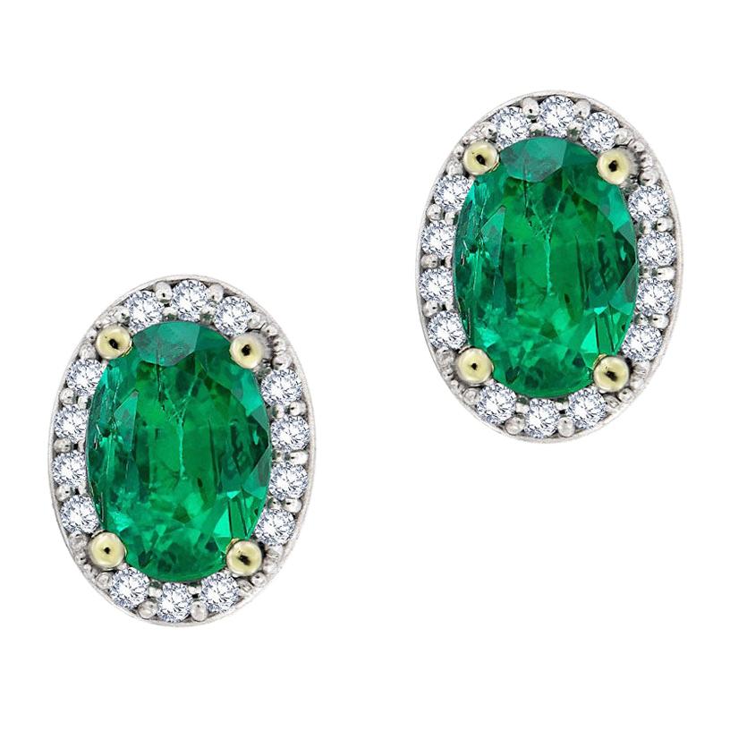 14 Karat White Gold Halo Diamonds and Emeralds Earrings '4/5 Carat' For Sale