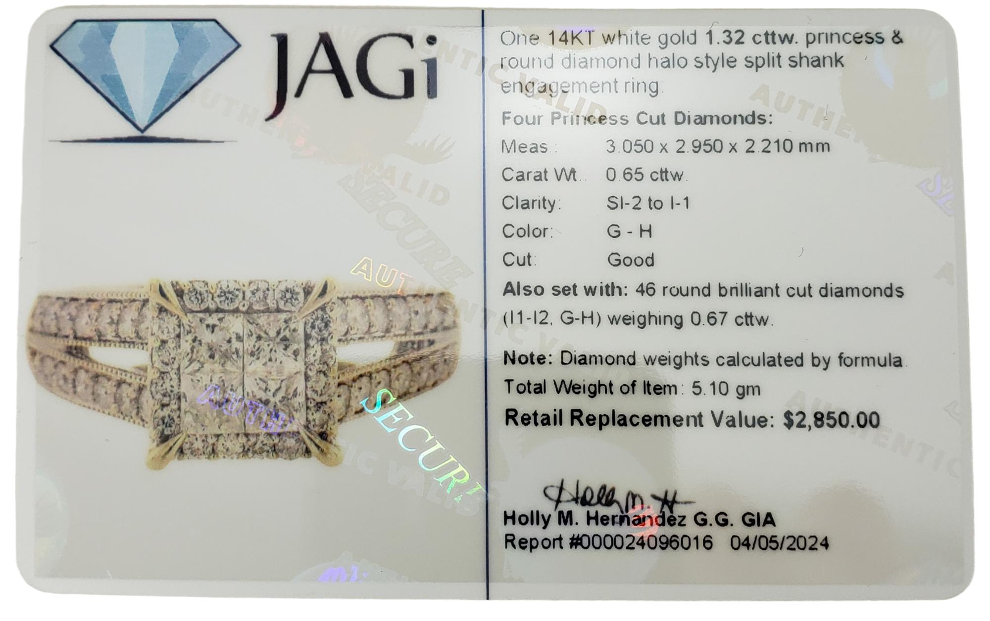 14 Karat White Gold Halo Style Diamond Split Shank Ring Size 7  #17175 For Sale 4