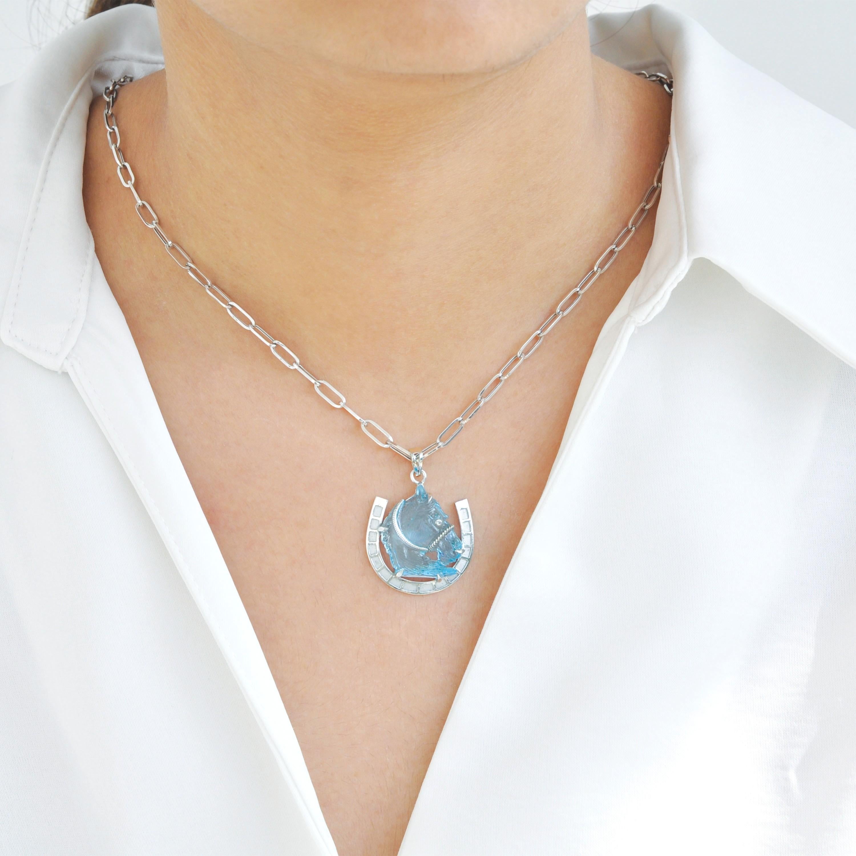 14 Karat White Gold Hand-Carved Swiss Blue Topaz Horse Shoe Pendant Necklace For Sale 6