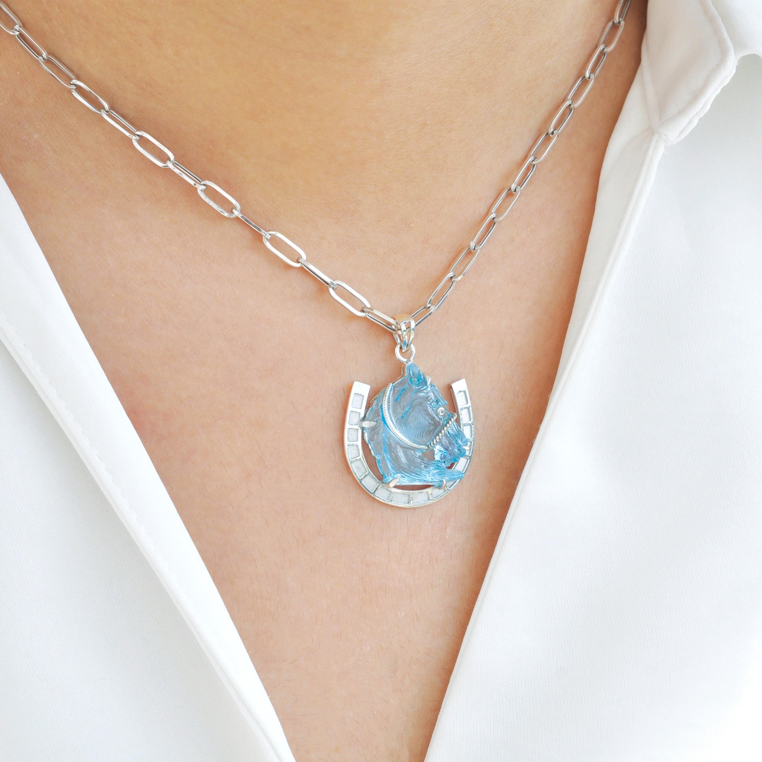 14 Karat White Gold Hand-Carved Swiss Blue Topaz Horse Shoe Pendant Necklace For Sale 7