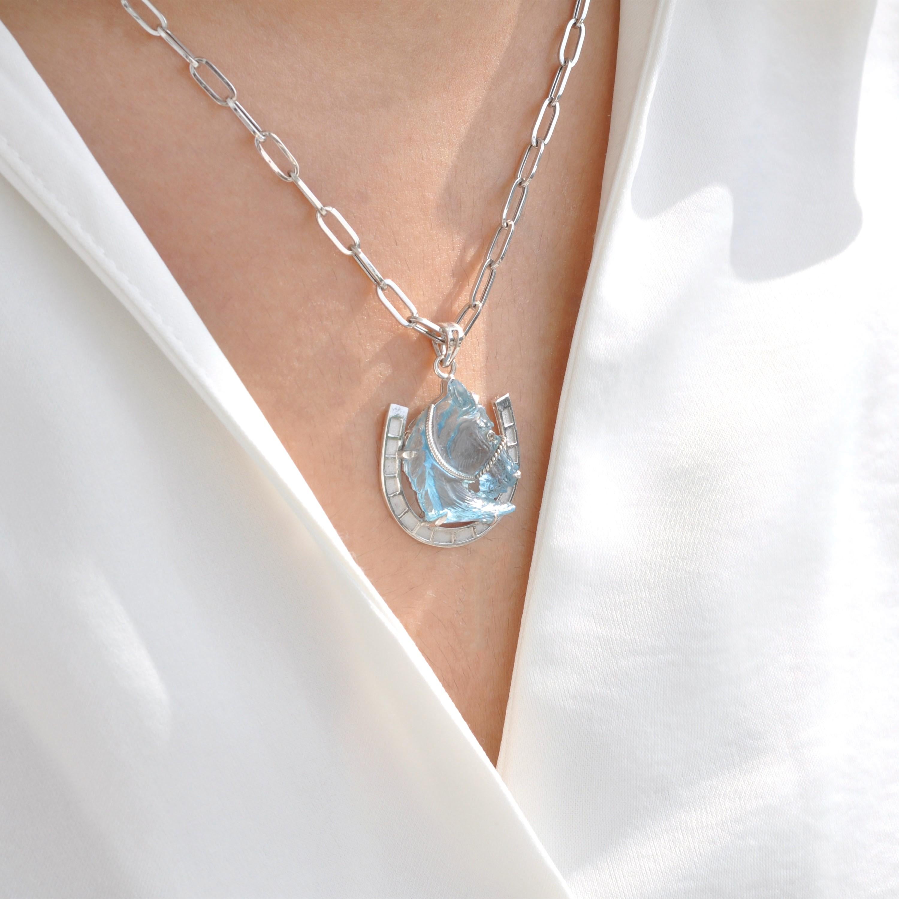 14 Karat White Gold Hand-Carved Swiss Blue Topaz Horse Shoe Pendant Necklace For Sale 8