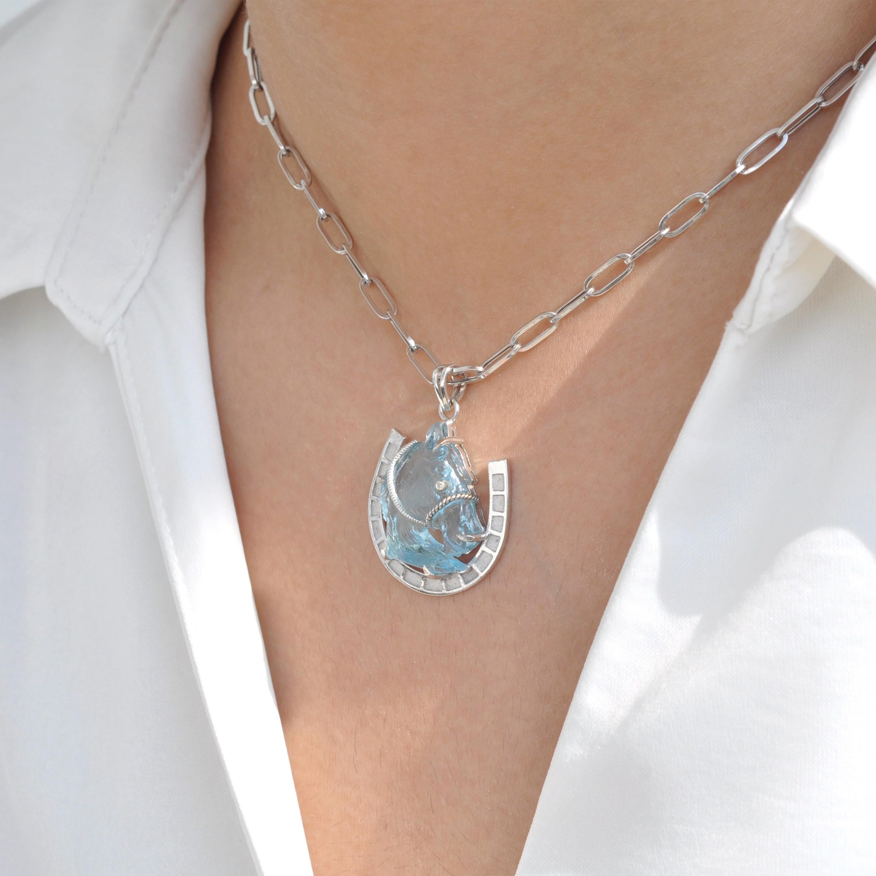 14 Karat White Gold Hand-Carved Swiss Blue Topaz Horse Shoe Pendant Necklace For Sale 9