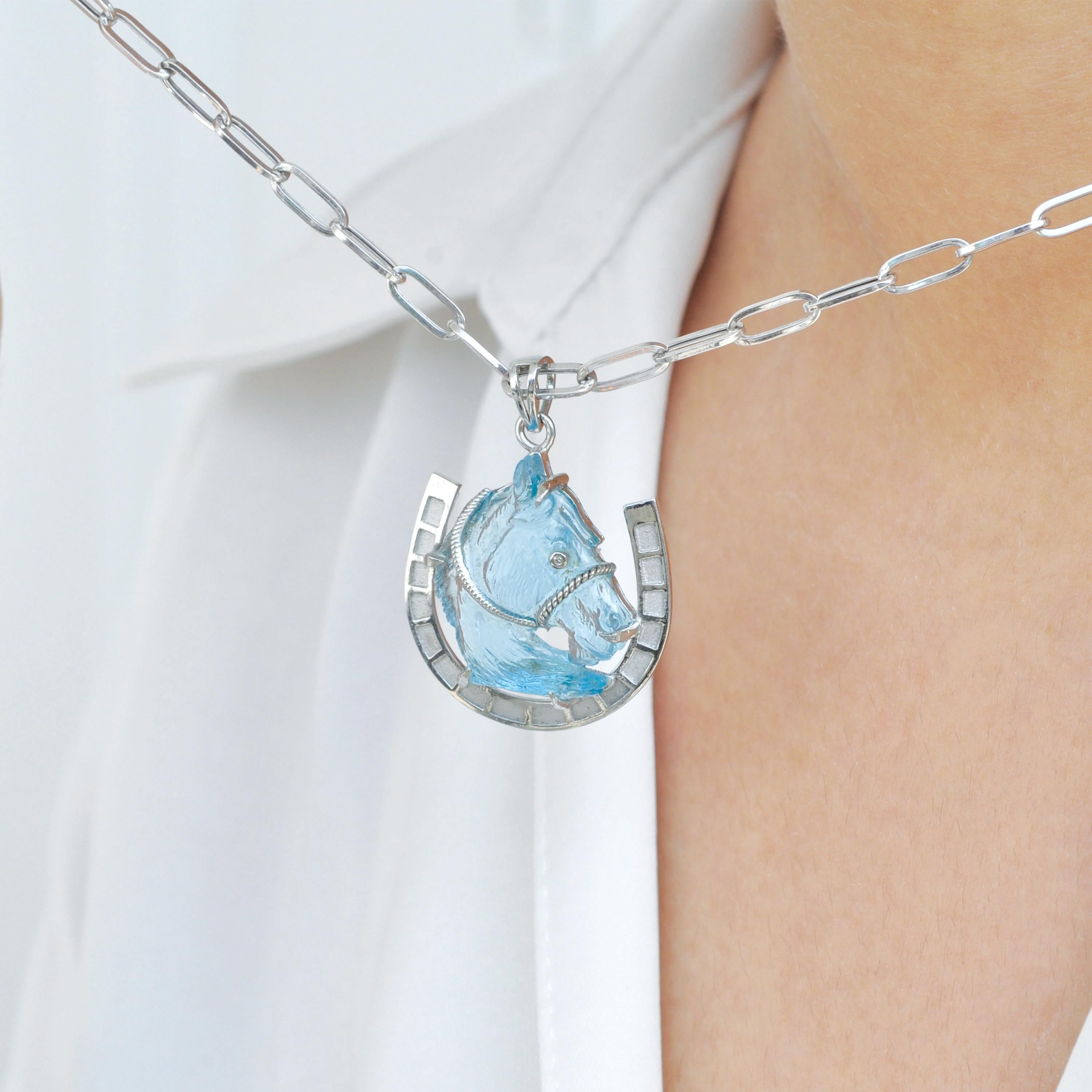 Mixed Cut 14 Karat White Gold Hand-Carved Swiss Blue Topaz Horse Shoe Pendant Necklace For Sale