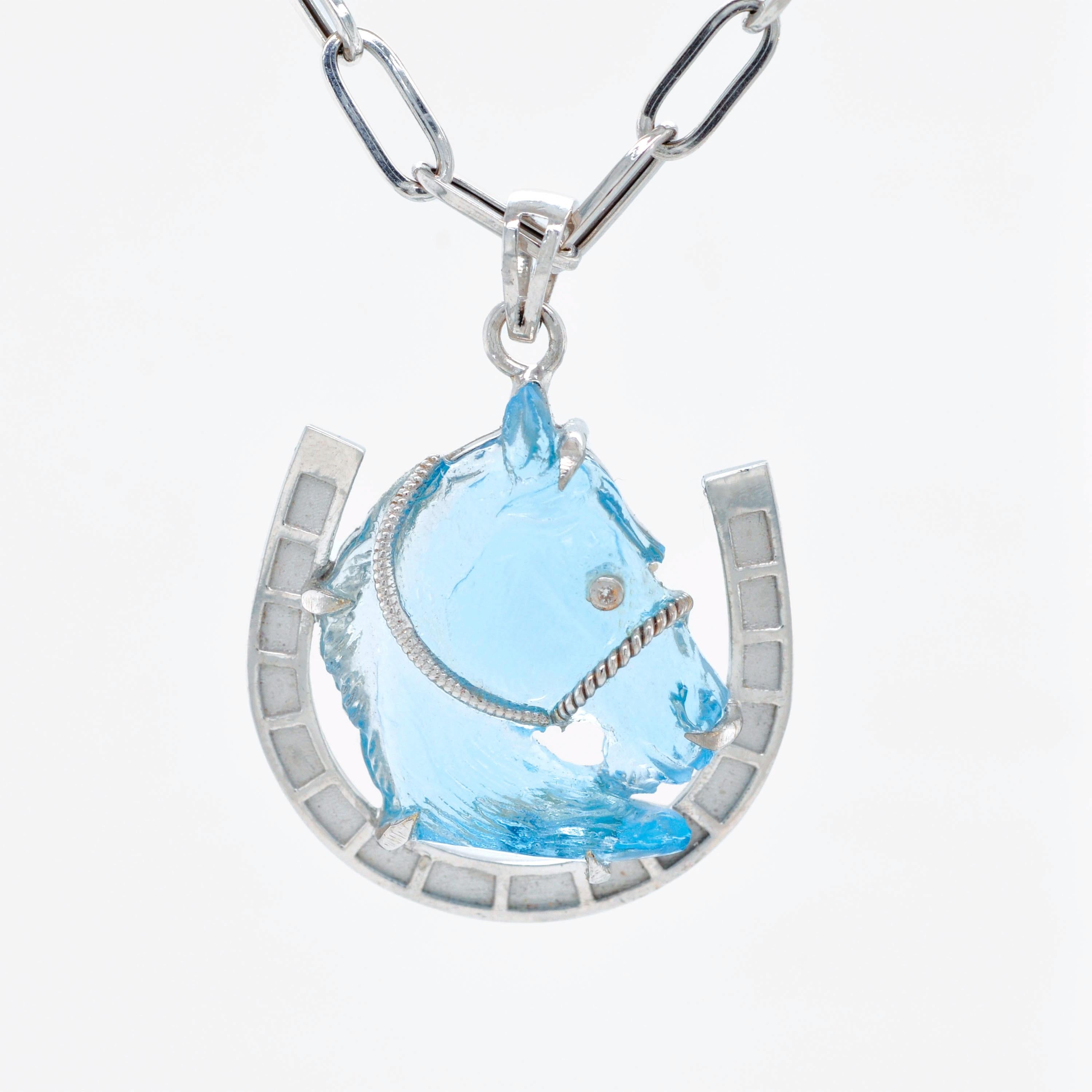 14 Karat White Gold Hand-Carved Swiss Blue Topaz Horse Shoe Pendant Necklace For Sale 1