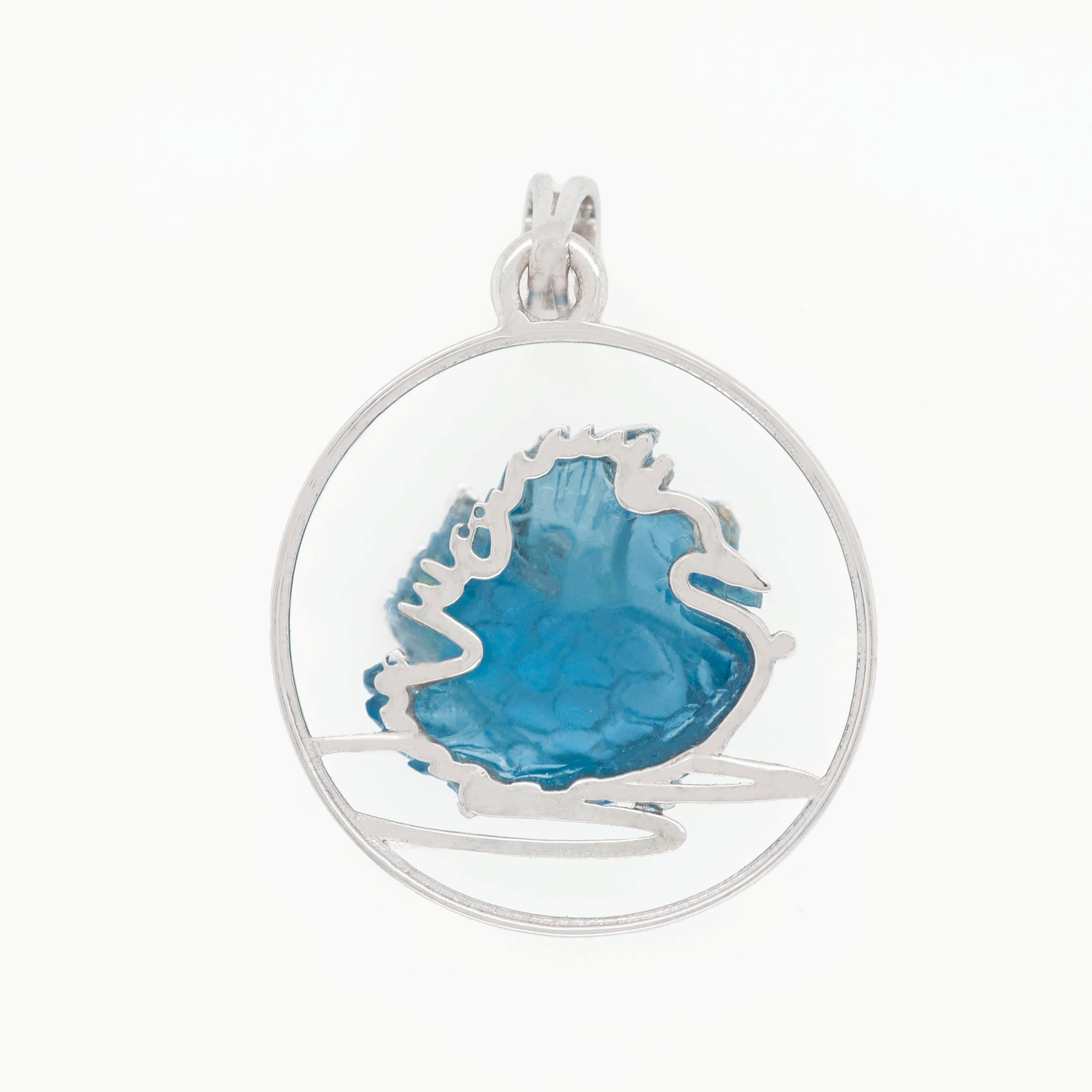 14 Karat White Gold Hand Carving Swiss Blue Topaz Swan Diamond Pendant Necklace 4