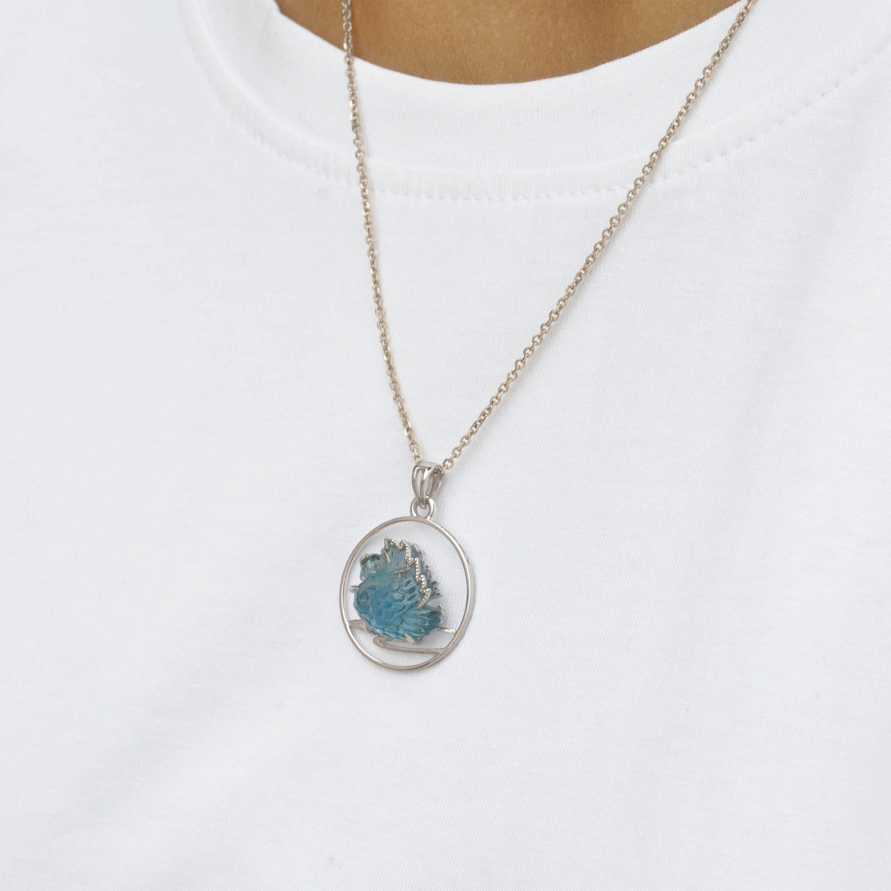 14 Karat White Gold Hand Carving Swiss Blue Topaz Swan Diamond Pendant Necklace 5