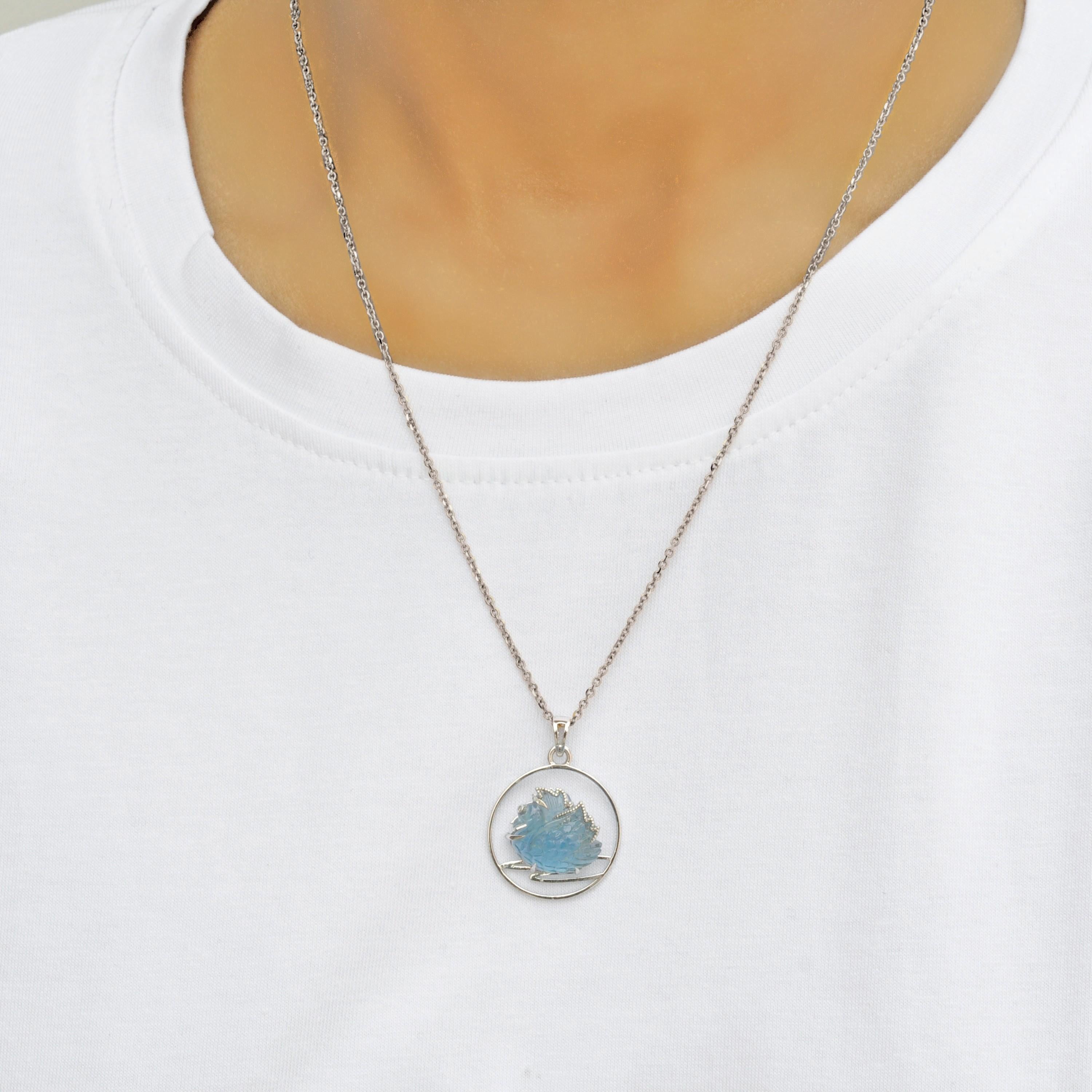 14 Karat White Gold Hand Carving Swiss Blue Topaz Swan Diamond Pendant Necklace 6