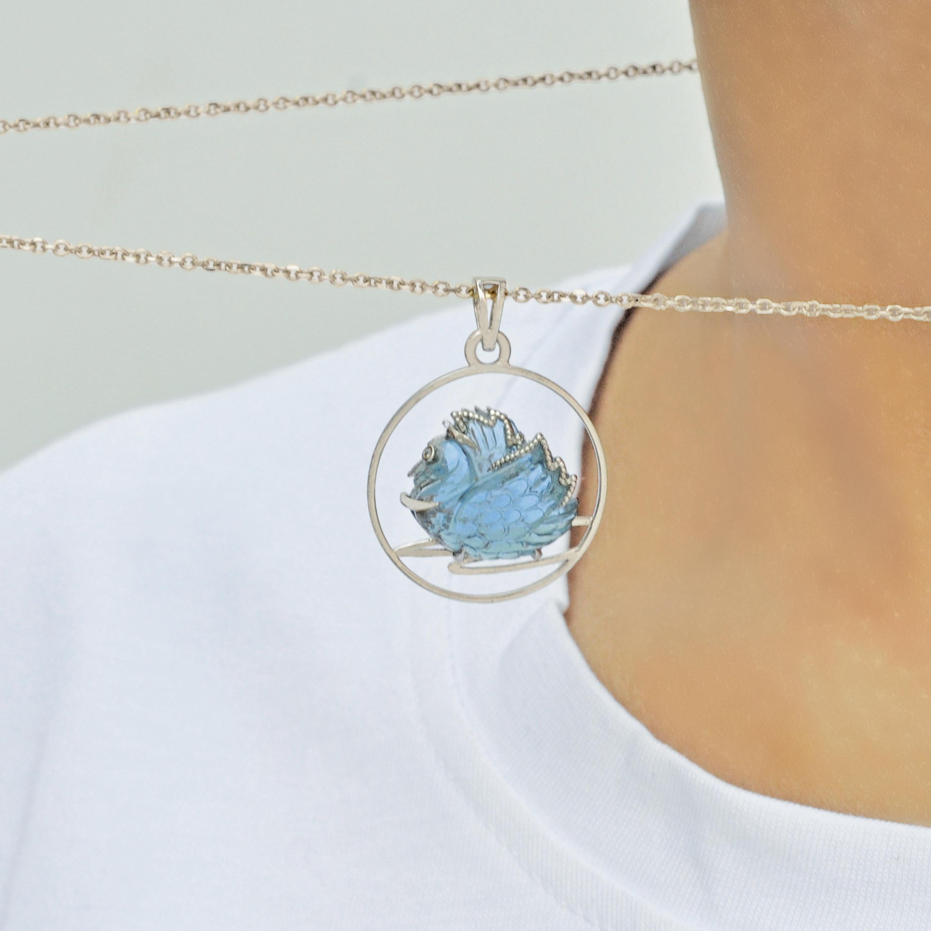 Mixed Cut 14 Karat White Gold Hand Carving Swiss Blue Topaz Swan Diamond Pendant Necklace