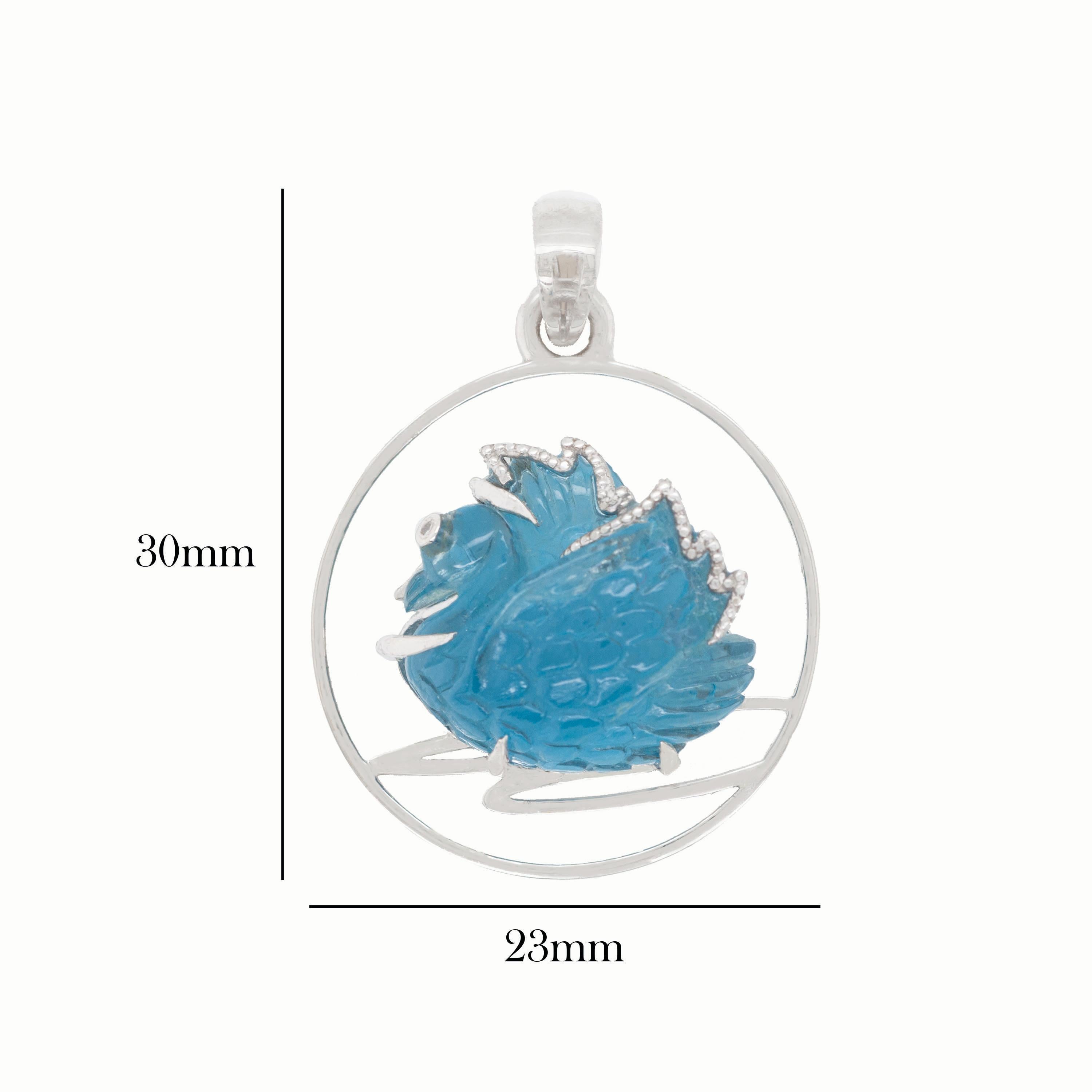14 Karat White Gold Hand Carving Swiss Blue Topaz Swan Diamond Pendant Necklace In New Condition In Jaipur, Rajasthan