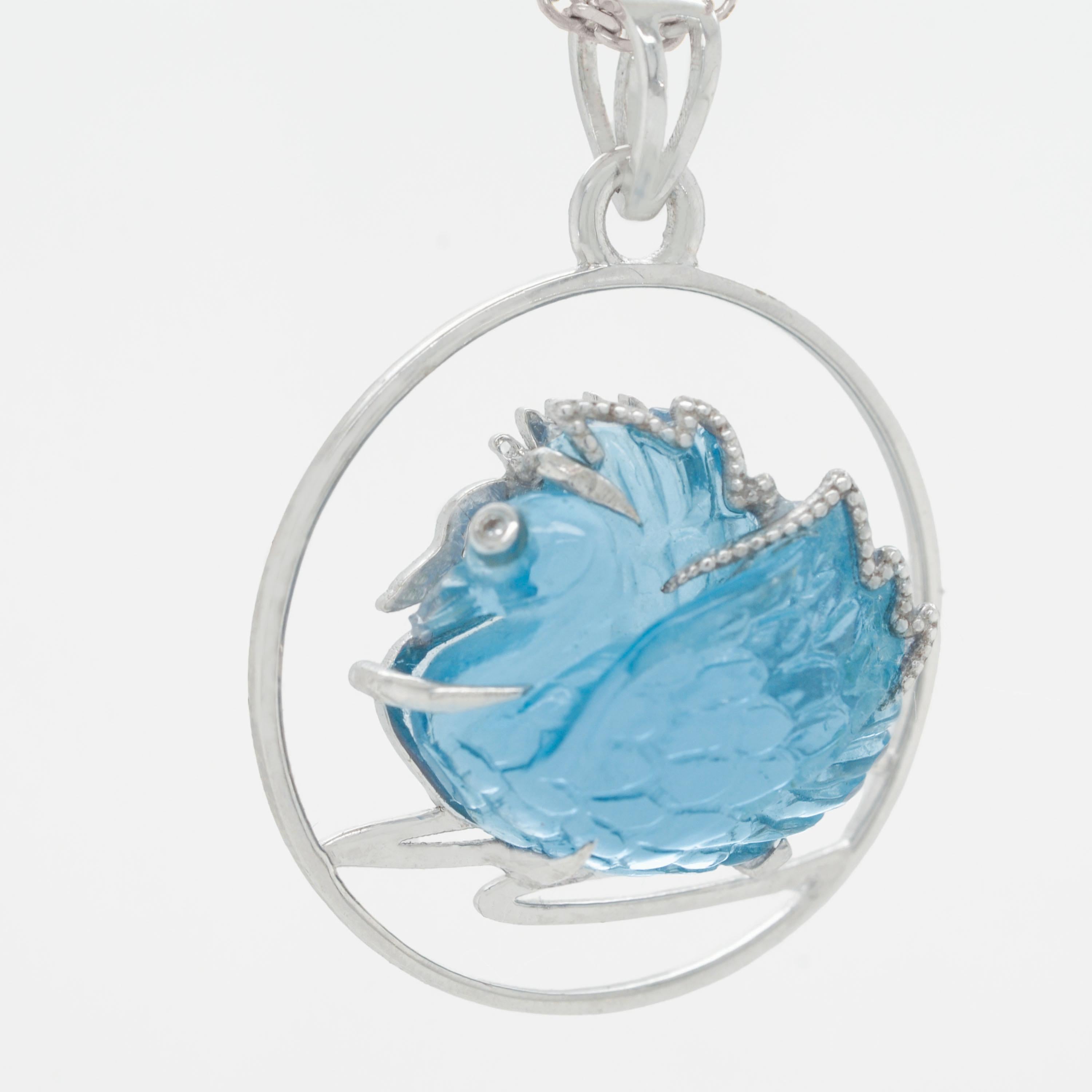 Women's or Men's 14 Karat White Gold Hand Carving Swiss Blue Topaz Swan Diamond Pendant Necklace