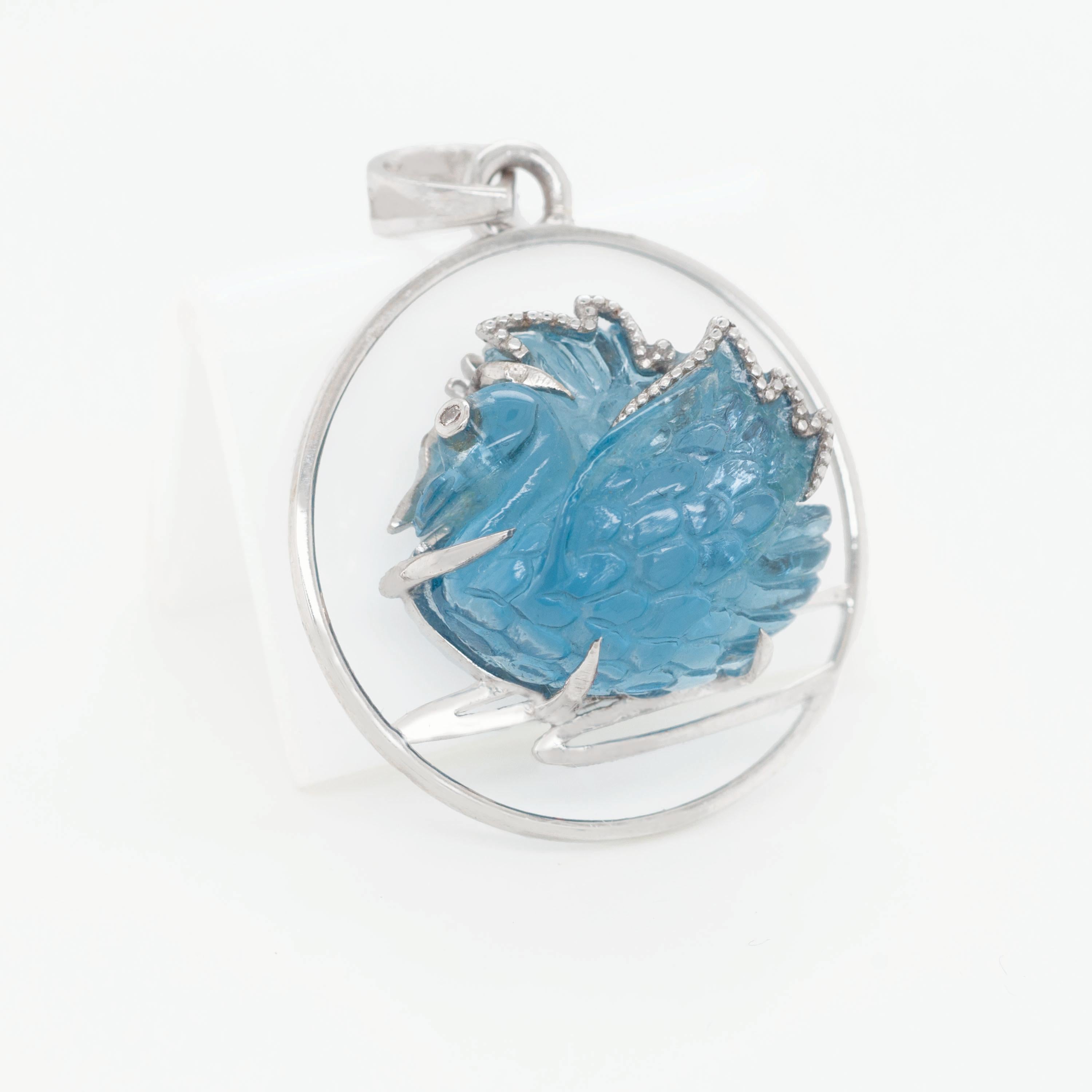 14 Karat White Gold Hand Carving Swiss Blue Topaz Swan Diamond Pendant Necklace 1