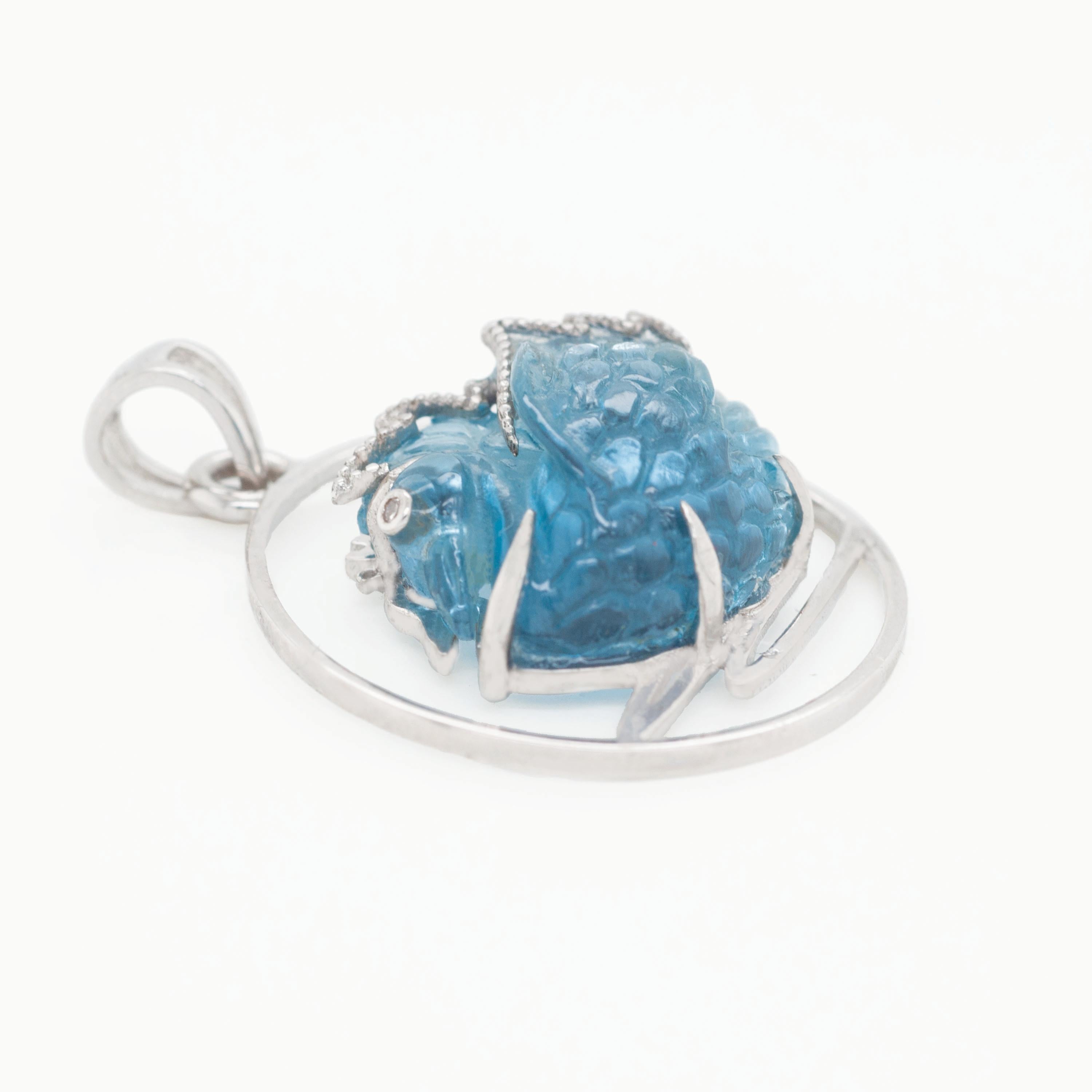 14 Karat White Gold Hand Carving Swiss Blue Topaz Swan Diamond Pendant Necklace 2