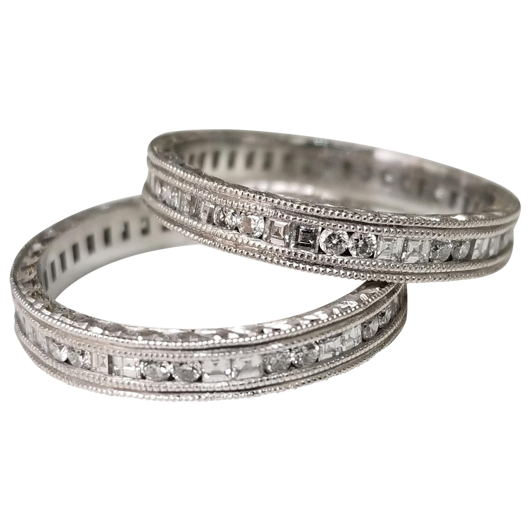 14 Karat White Gold Hand Engraved Diamond Square and Round Eternity Ring For Sale