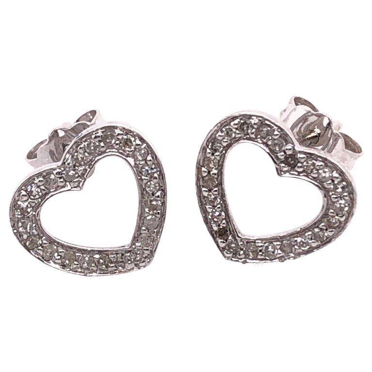 14 Karat white Gold Heart Button Earrings with Round Diamonds For Sale ...