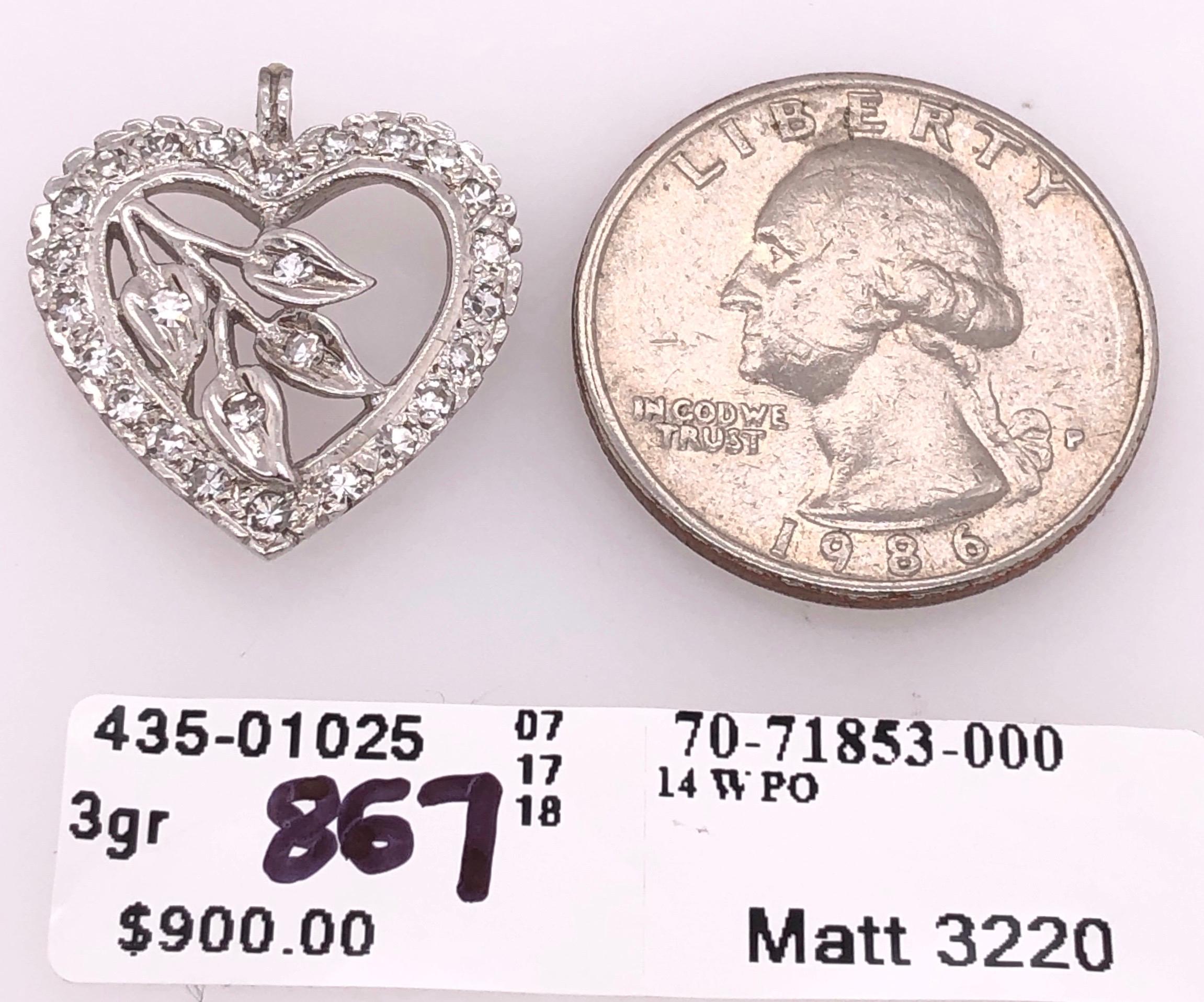 Women's or Men's 14 Karat White Gold Heart Pendant with Diamonds For Sale