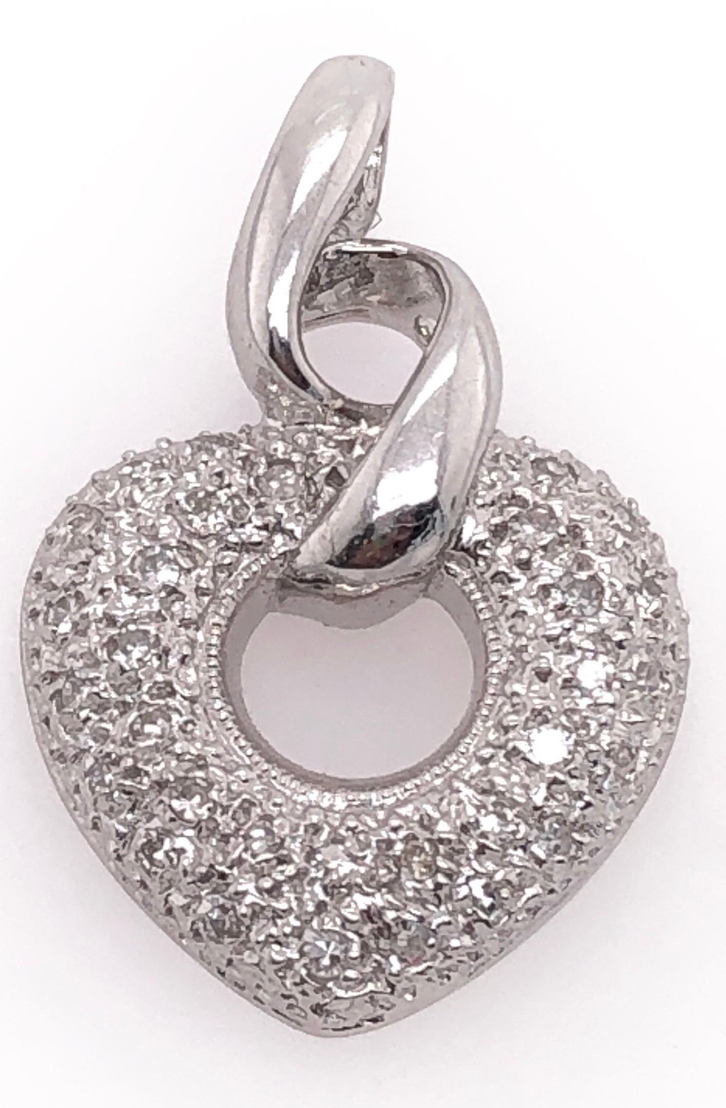 Round Cut 14 Karat White Gold Heart Pendant with 30 Round Diamonds For Sale