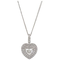 14 Karat White Gold Heart Shape Diamond Double Halo Pendant Drop Necklace