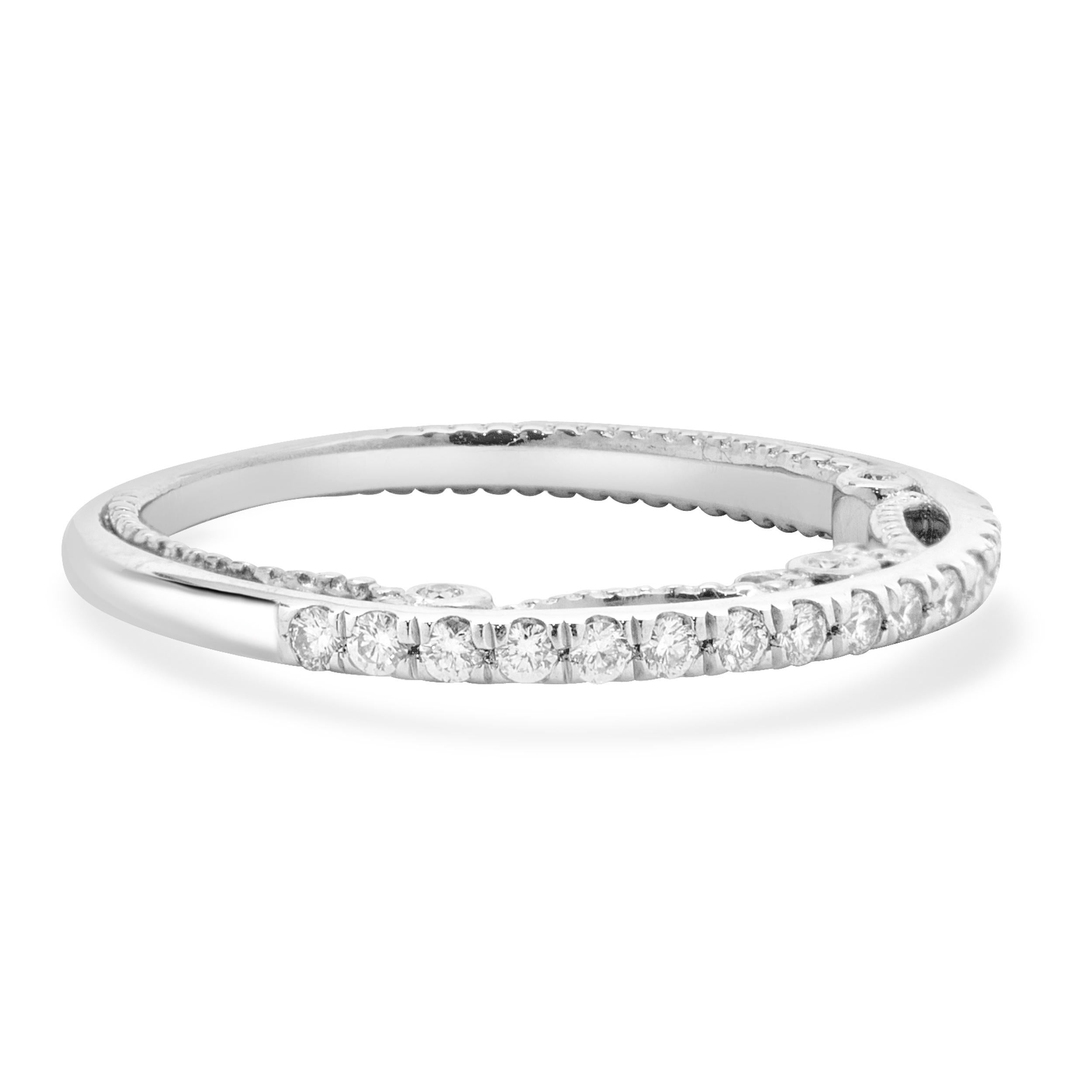 Designer: Custom
Material: 18K white gold
Diamonds: 25 round brilliant cut = 0.25cttw
Color: G
Clarity: VS1-2
Size: 5.5 sizing available 
Dimensions: ring measures 2mm in width
Weight: 2.44 grams

