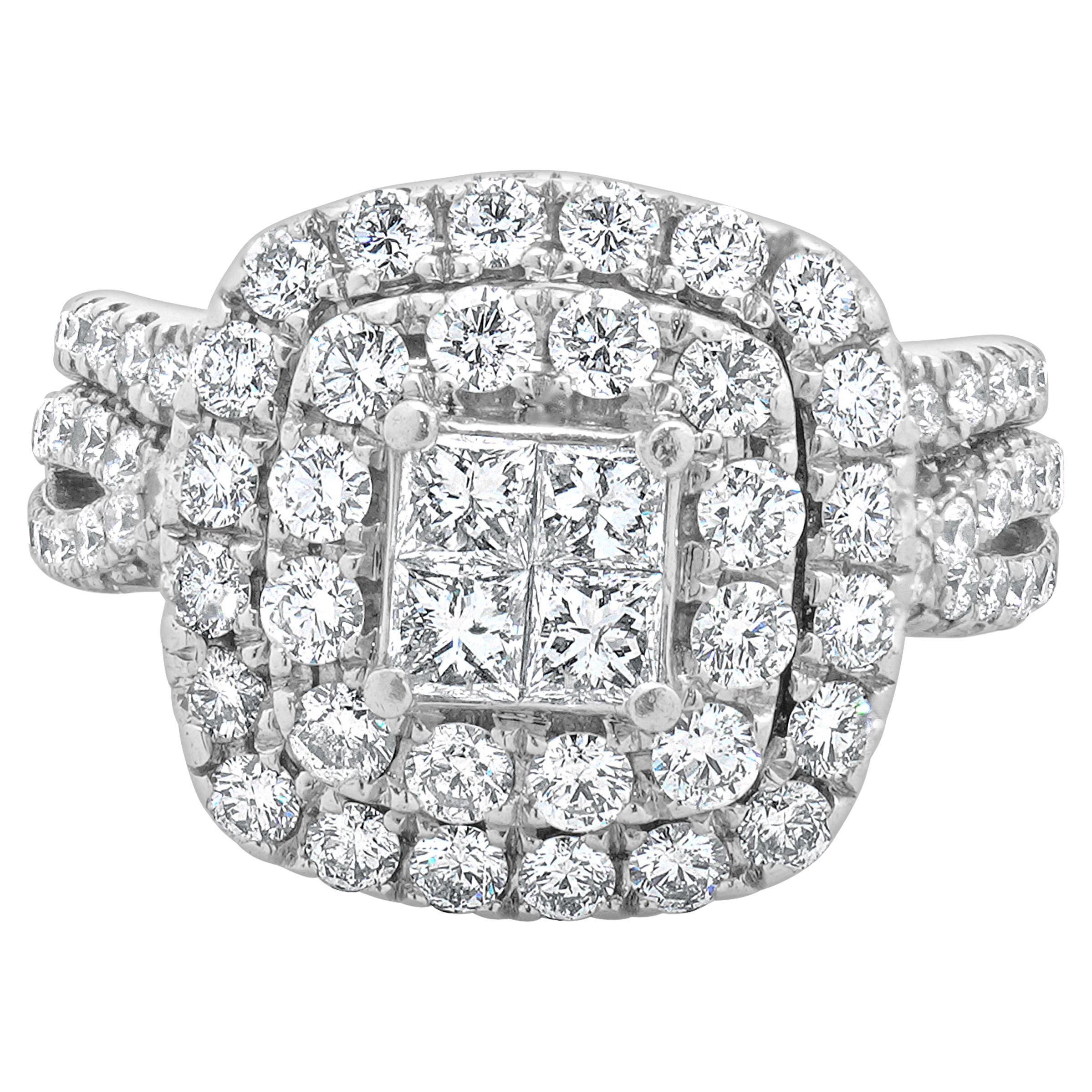 14 Karat White Gold Invisible Set Cluster Diamond Engagement Ring