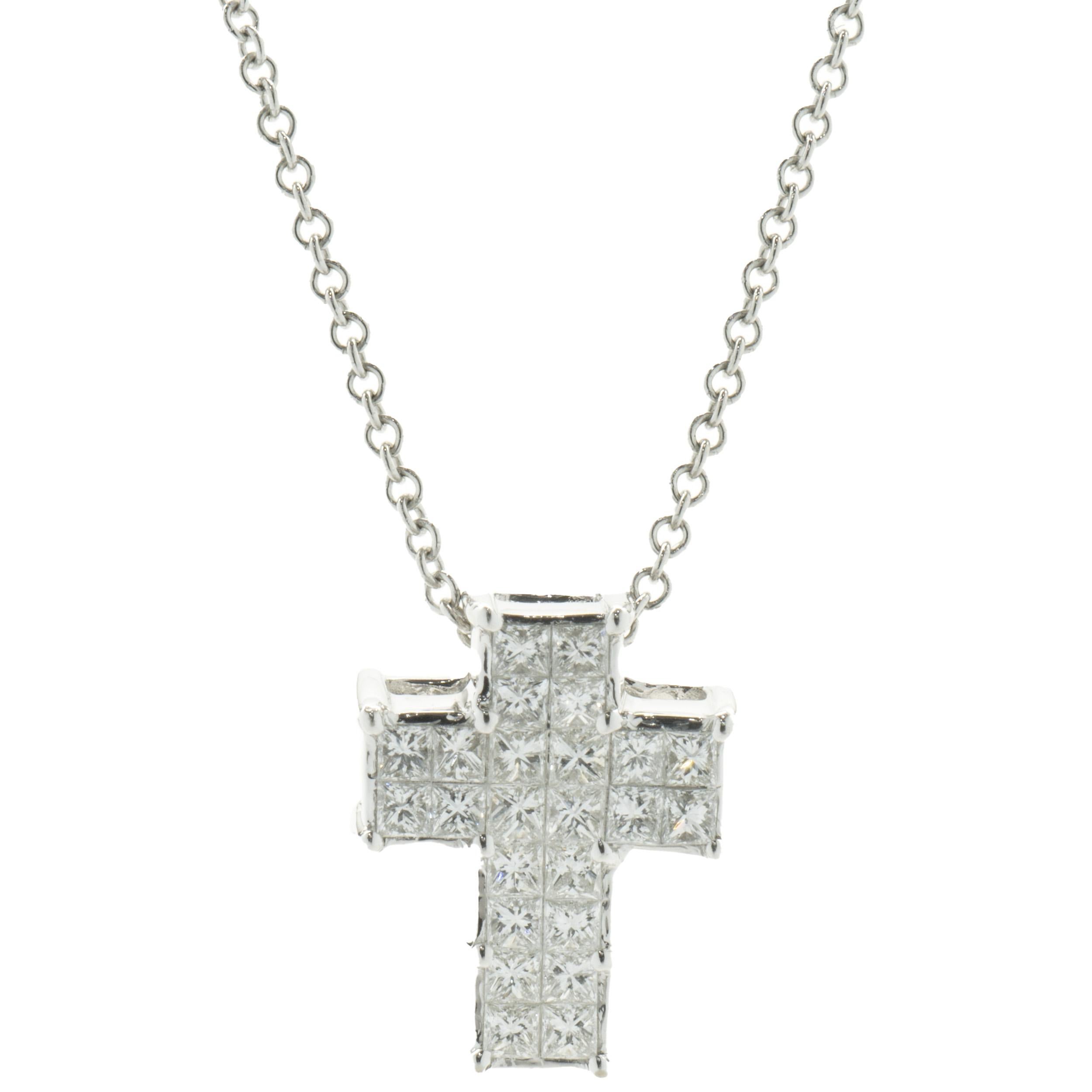 Designer: custom
Material: 18K white gold
Diamonds: 24 princess cut = 0.70cttw
Color: H
Clarity: SI1
Dimensions: necklace measures 18-inches in length 
Weight: 3.10 grams

