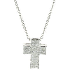18 Karat White Gold Invisible Set Diamond Cross Necklace