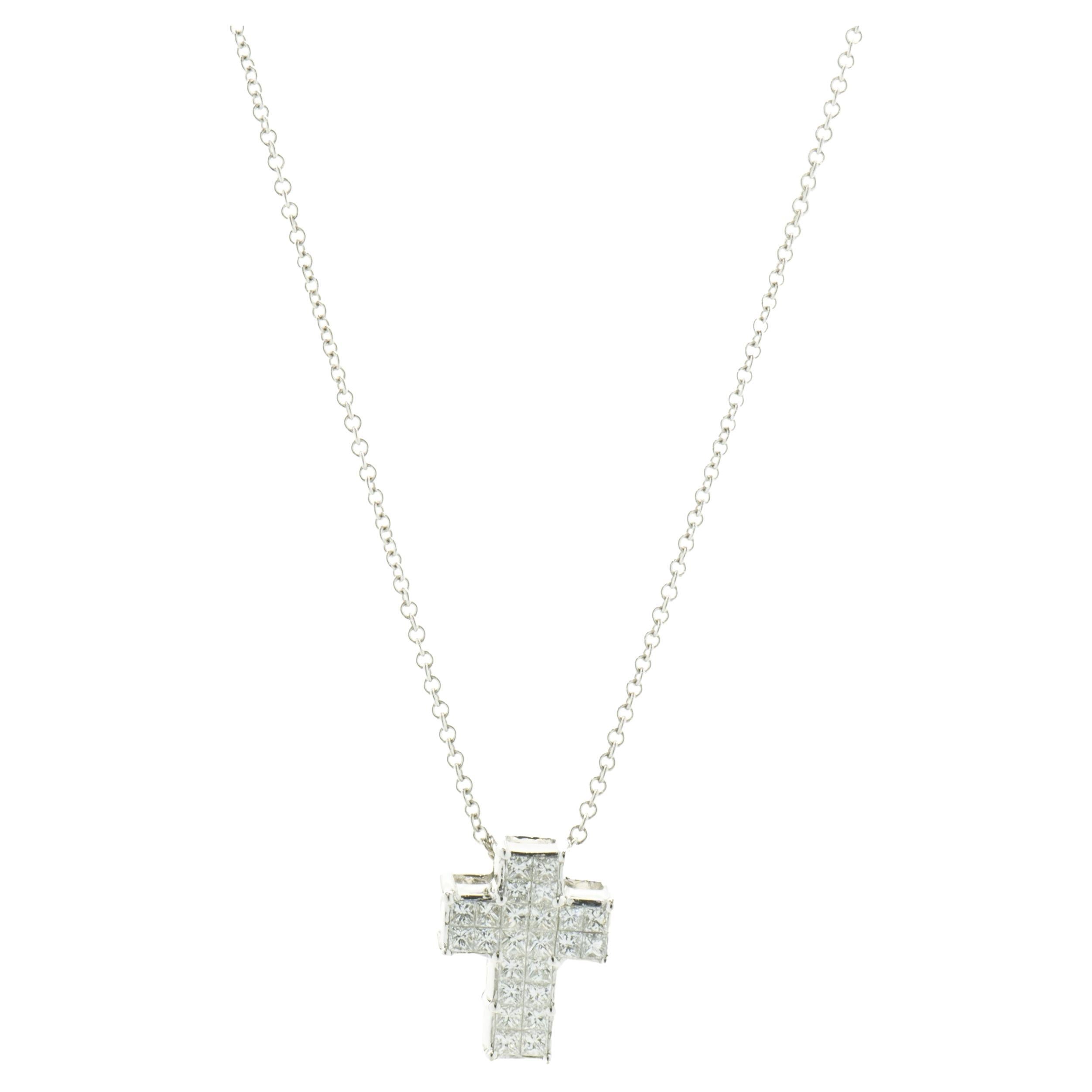 18 Karat White Gold Invisible Set Diamond Cross Necklace For Sale