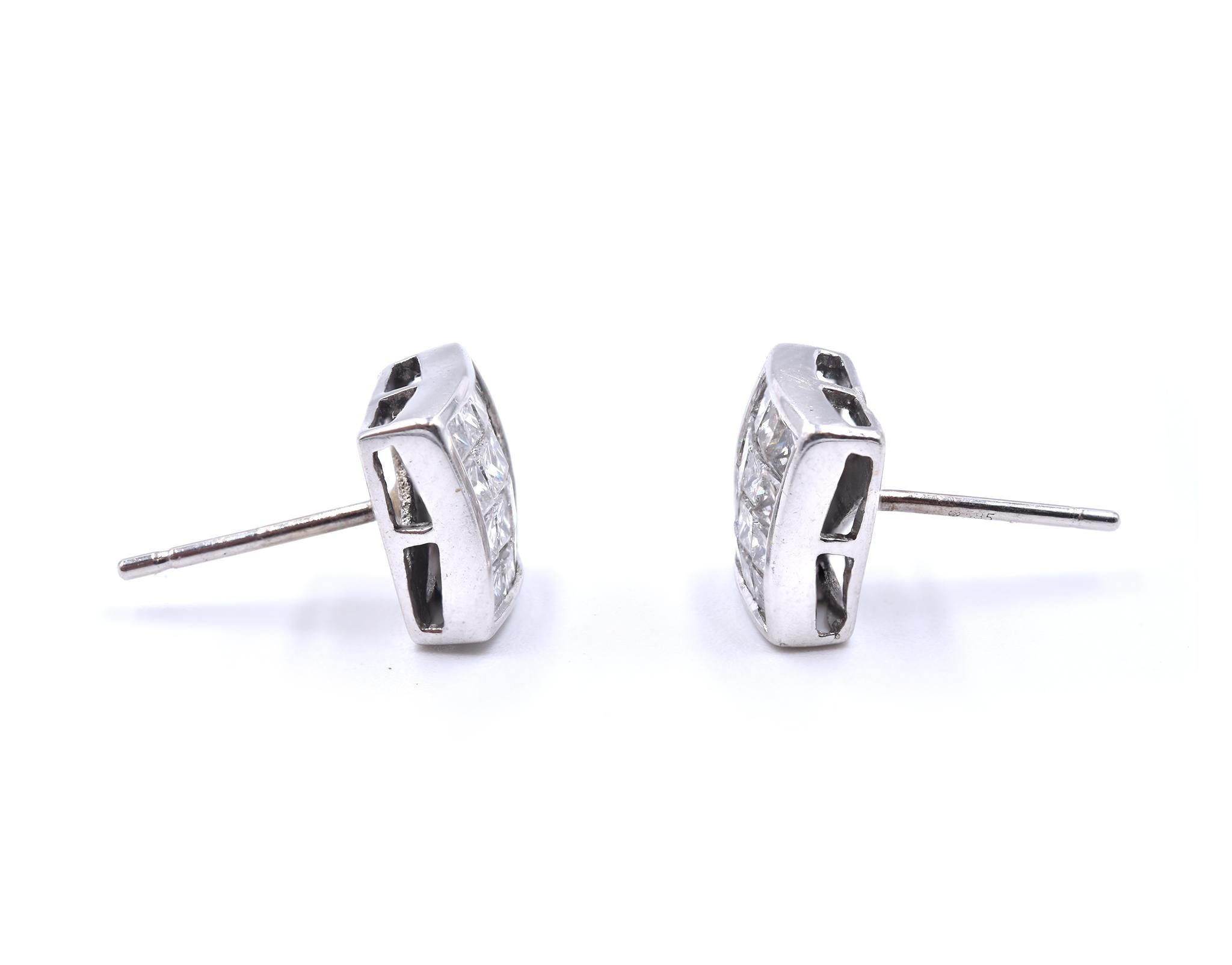 Designer: custom
Material: 14K white gold
Diamonds: 32 princess cut = .96cttw
Color: H
Clarity: SI2
Dimensions: earrings measure 8mm wide
Weight: 1.91 grams
