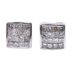 14 Karat White Gold Invisible Set Diamond Stud Earrings