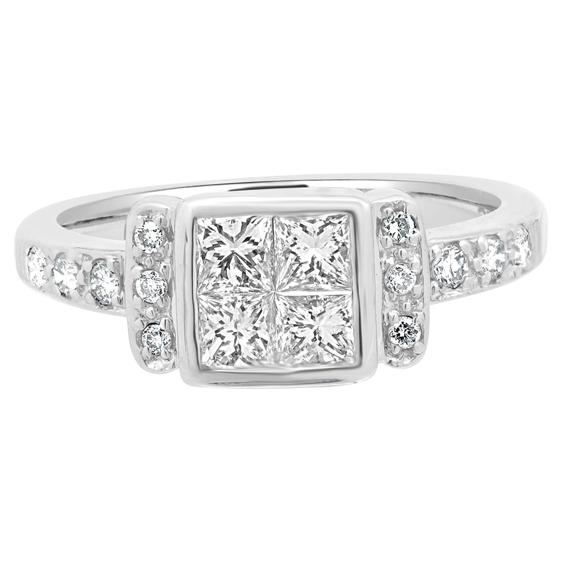 Bague en or blanc 14 carats à sertissage invisible, diamant taille princesse