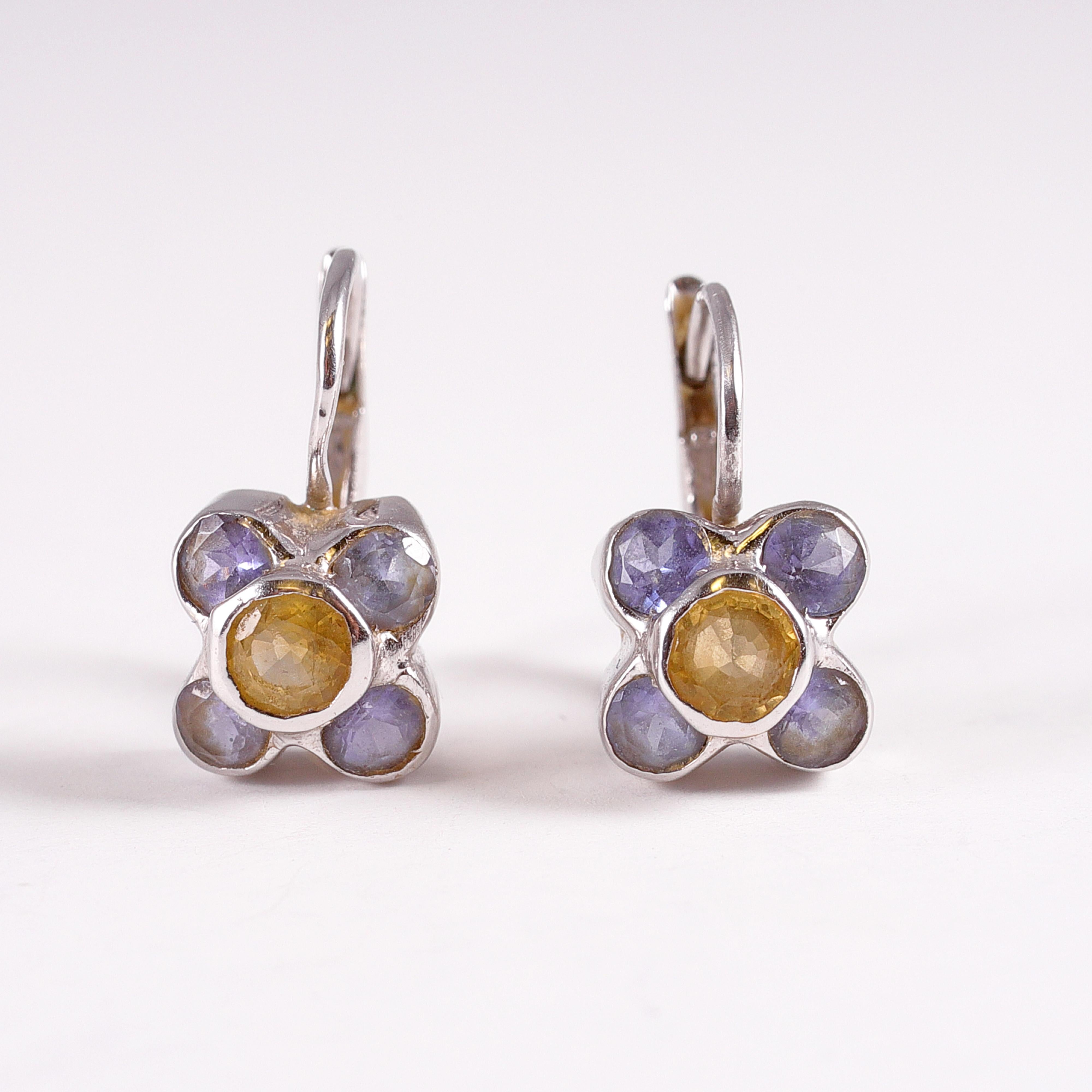 Women's or Men's 14 Karat White Gold Iolite Amethyst Yellow Sapphire Earrings