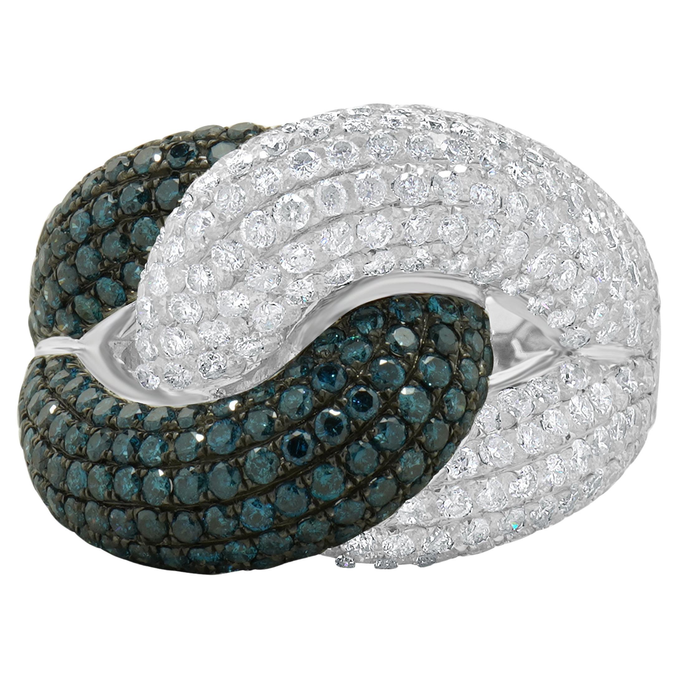 14 Karat White Gold Irradiated Blue and White Pave Diamond Knot Ring