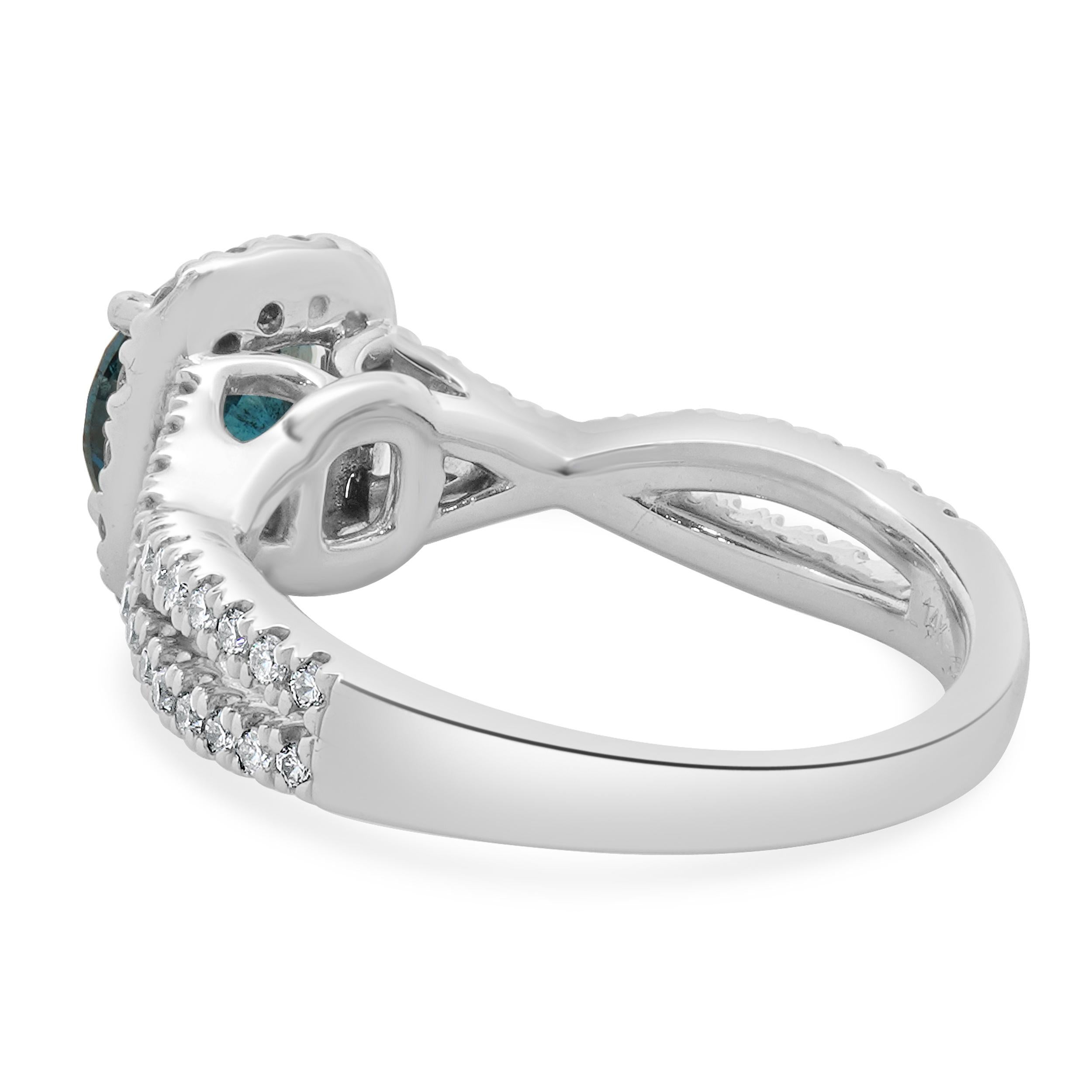 Round Cut 14 Karat White Gold Irradiated Blue Diamond Engagement Ring For Sale