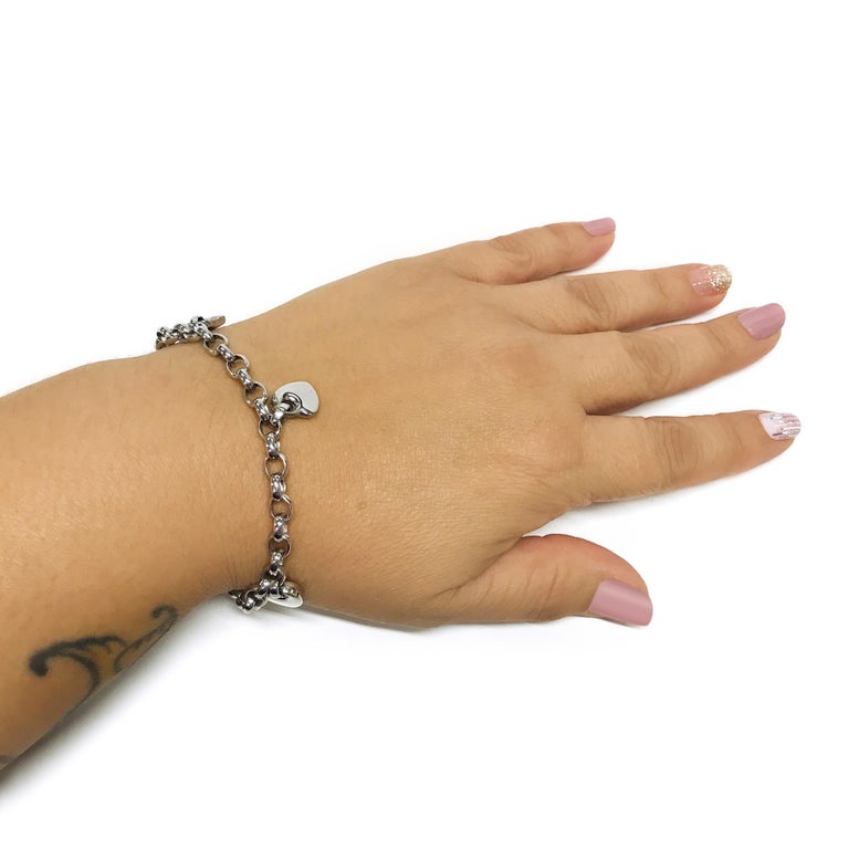 14 Karat White Gold Italian Heart Charm Bracelet For Sale at 1stDibs